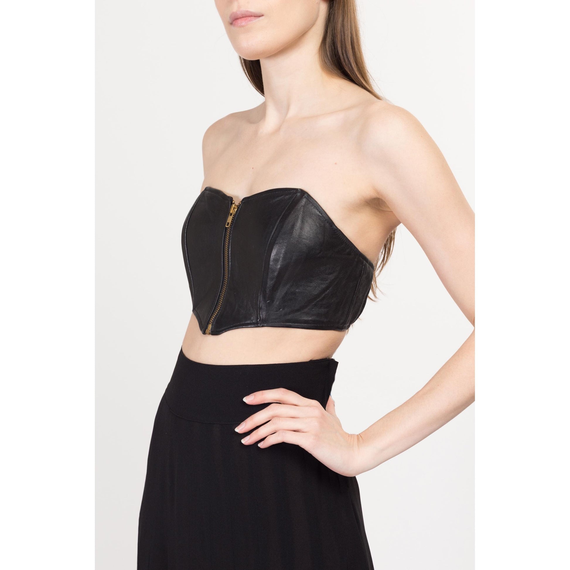 XS-Sm 90s Black Leather Zip Up Bustier Top | Vintage Moto Strapless Mini Biker Crop Top