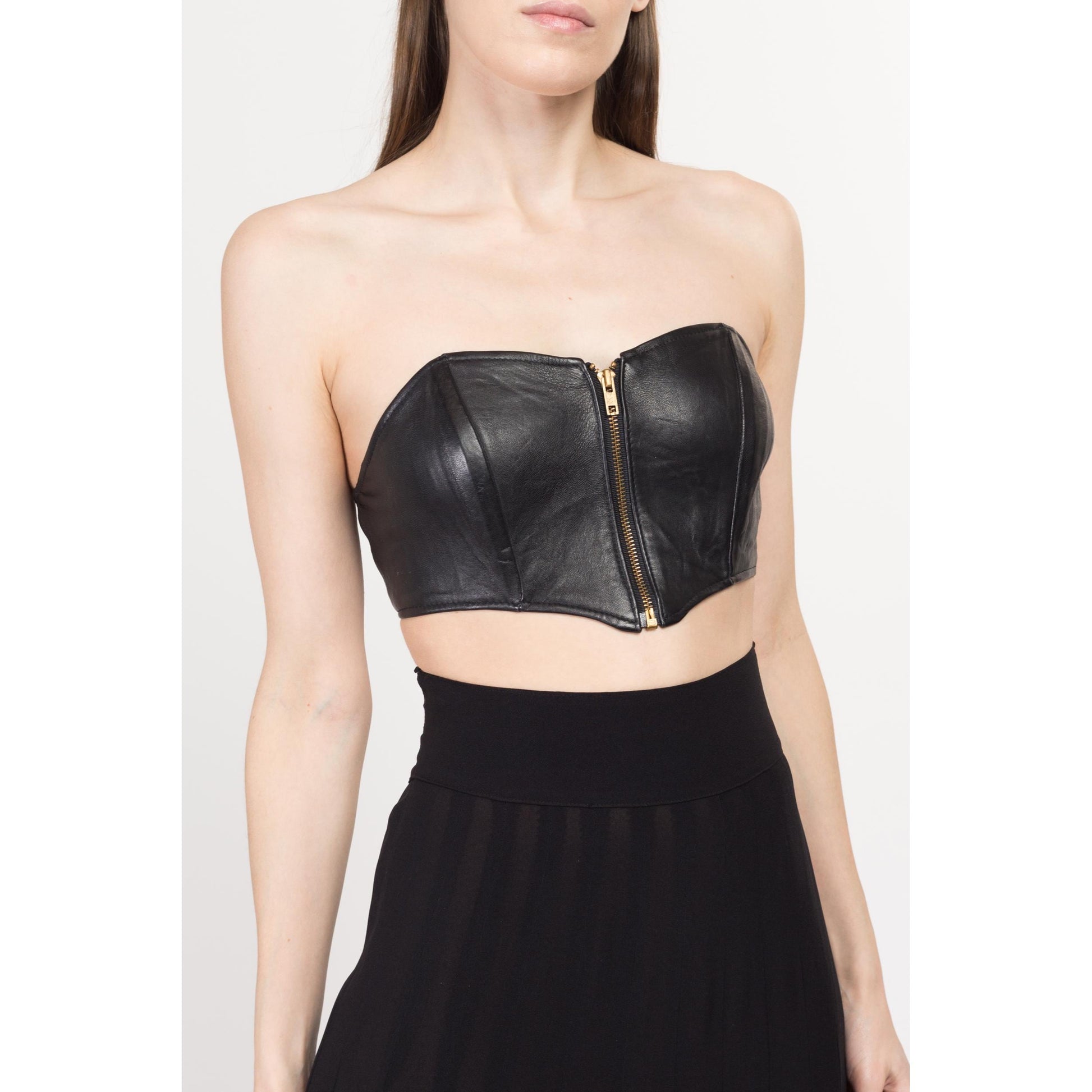 XS-Sm 90s Black Leather Zip Up Bustier Top | Vintage Moto Strapless Mini Biker Crop Top