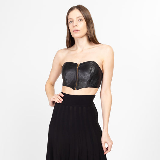 XS-Sm 90s Black Leather Zip Up Bustier Top | Vintage Moto Strapless Mini Biker Crop Top