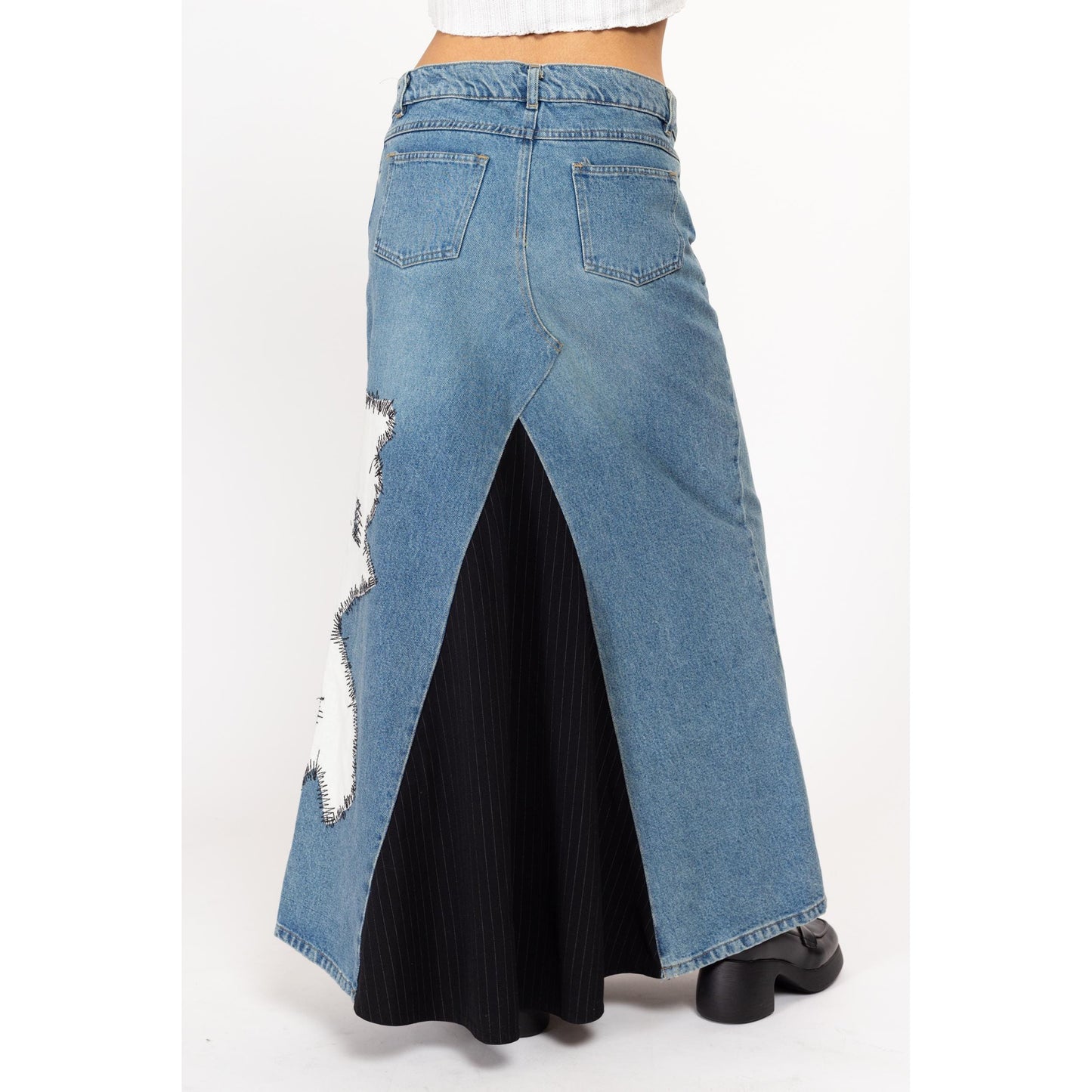 Small 90s Y2K Denim Patchwork Low Rise Maxi Skirt | Vintage Adele Fado Grunge Long Blue Jean Mermaid Skirt