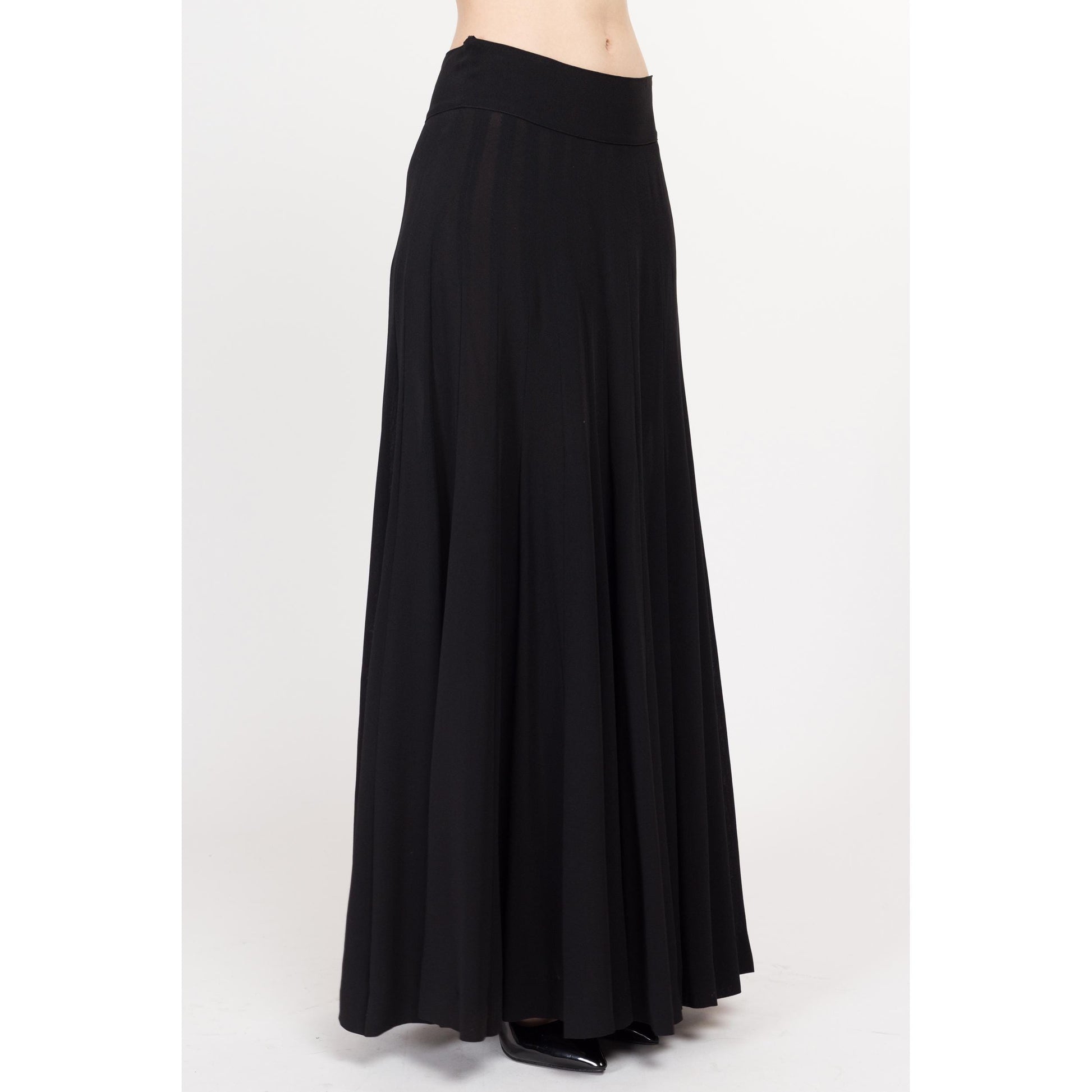 Medium 1940s Black Pleated Maxi Skirt 29" | Vintage 40s Rayon Crepe High Waisted A Line Long Gothic Hostess Skirt