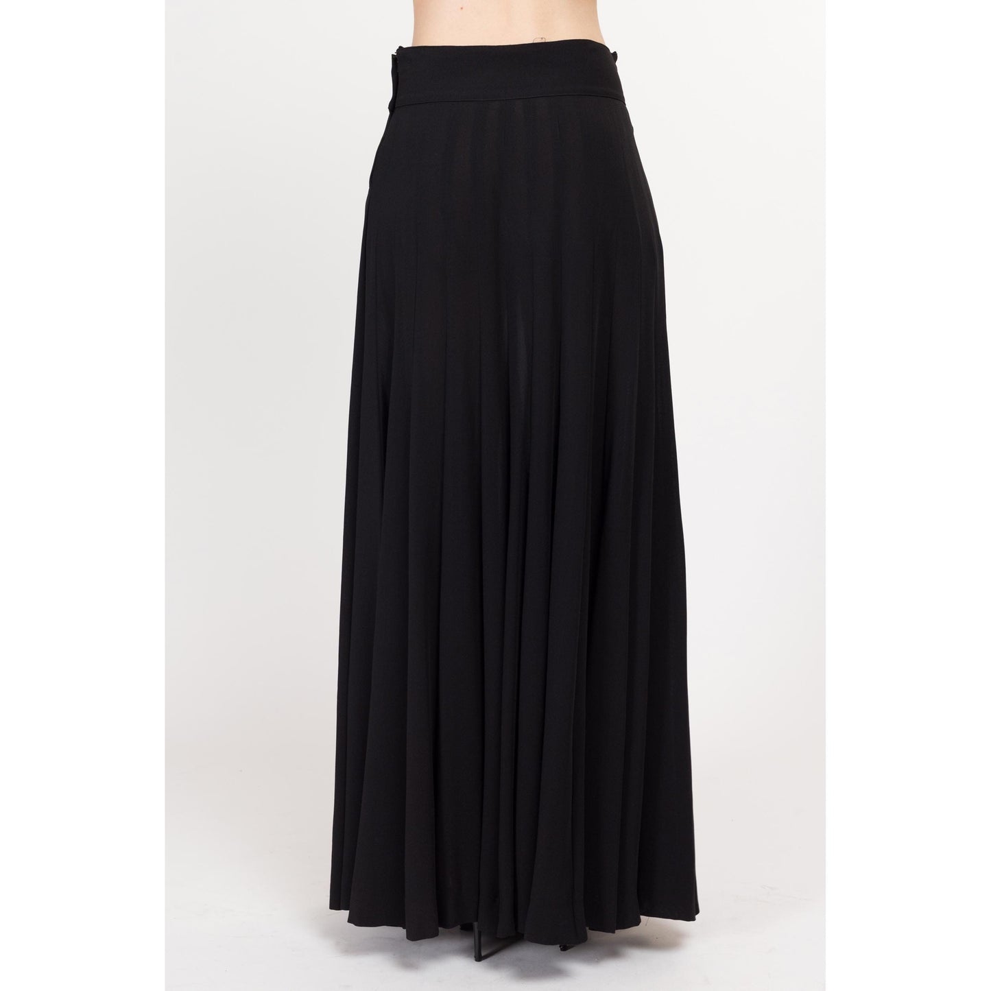 Medium 1940s Black Pleated Maxi Skirt 29" | Vintage 40s Rayon Crepe High Waisted A Line Long Gothic Hostess Skirt