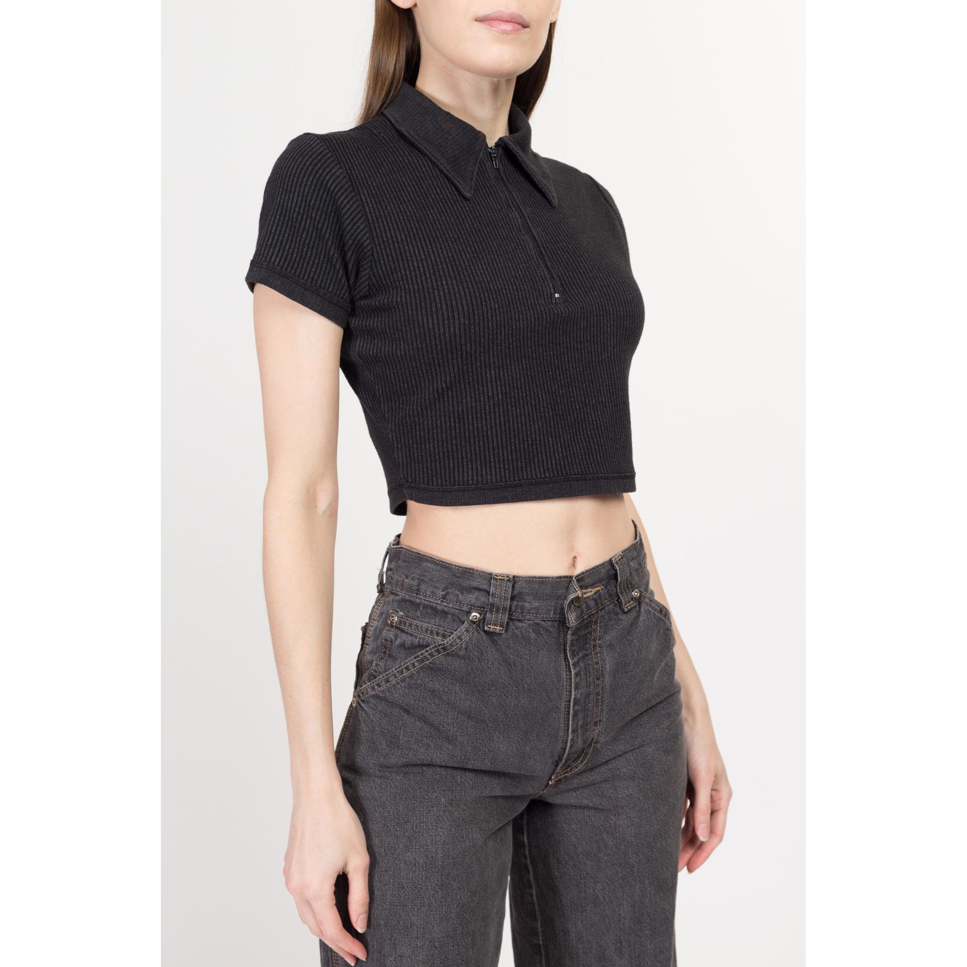 Sm-Med 90s Charcoal Black Ribbed Collared Crop Top | Vintage Quarter Zip Up Short Sleeve Cropped Shirt