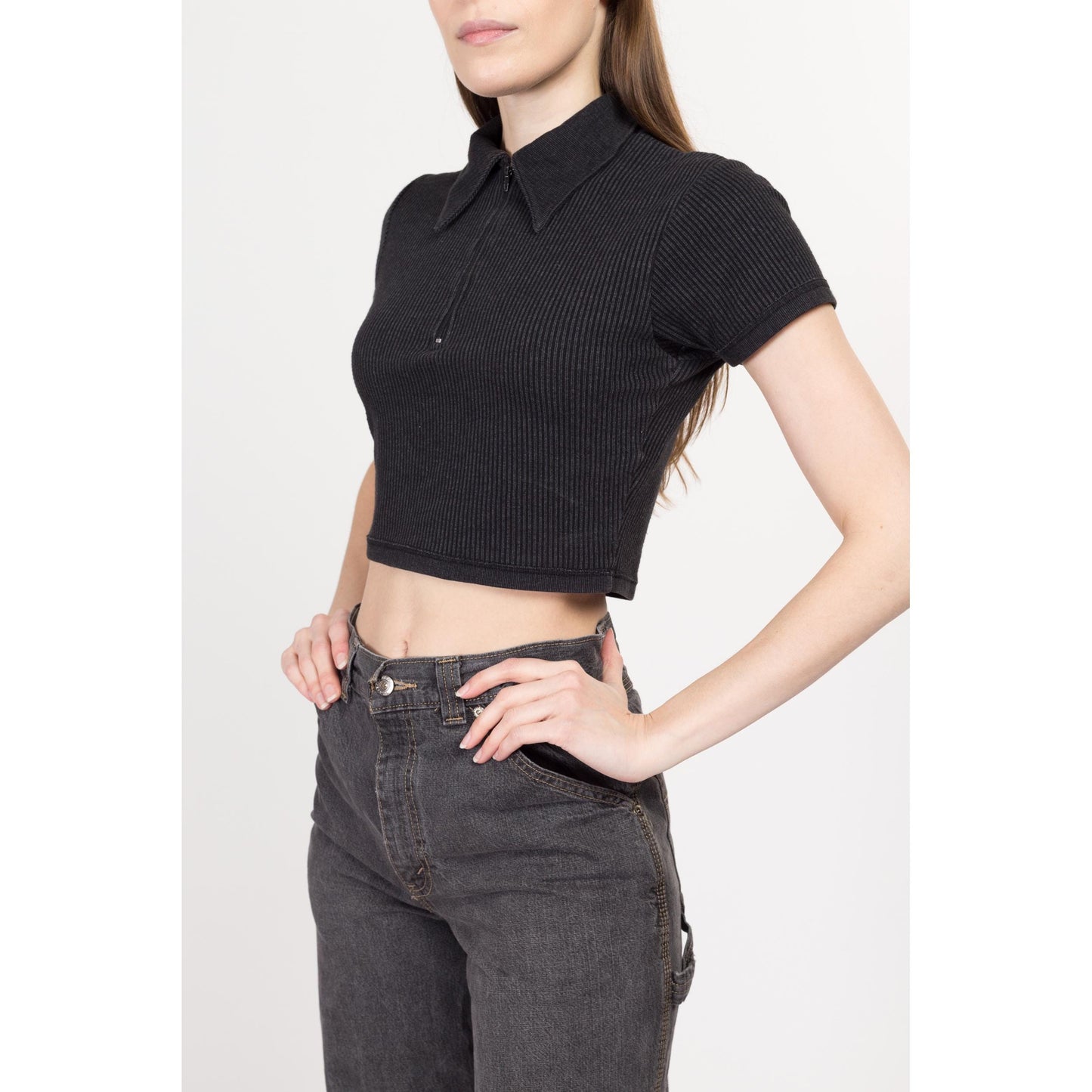 Sm-Med 90s Charcoal Black Ribbed Collared Crop Top | Vintage Quarter Zip Up Short Sleeve Cropped Shirt