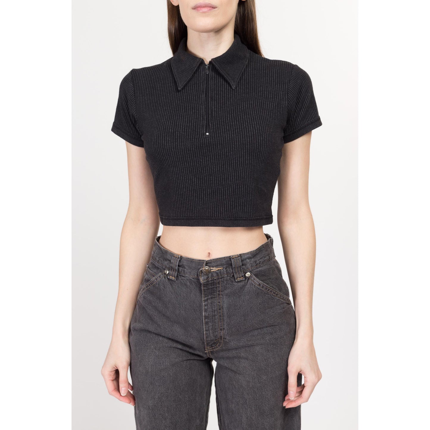 Sm-Med 90s Charcoal Black Ribbed Collared Crop Top | Vintage Quarter Zip Up Short Sleeve Cropped Shirt