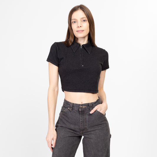 Sm-Med 90s Charcoal Black Ribbed Collared Crop Top | Vintage Quarter Zip Up Short Sleeve Cropped Shirt