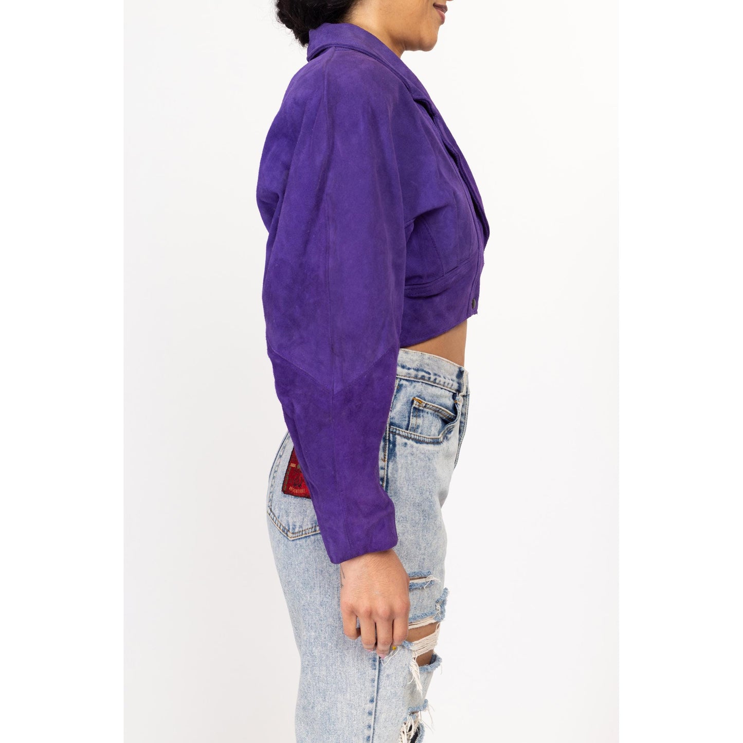 Small 80s Purple Suede Crop Moto Jacket | Vintage Maximalist Leather Motorcycle Biker Coat