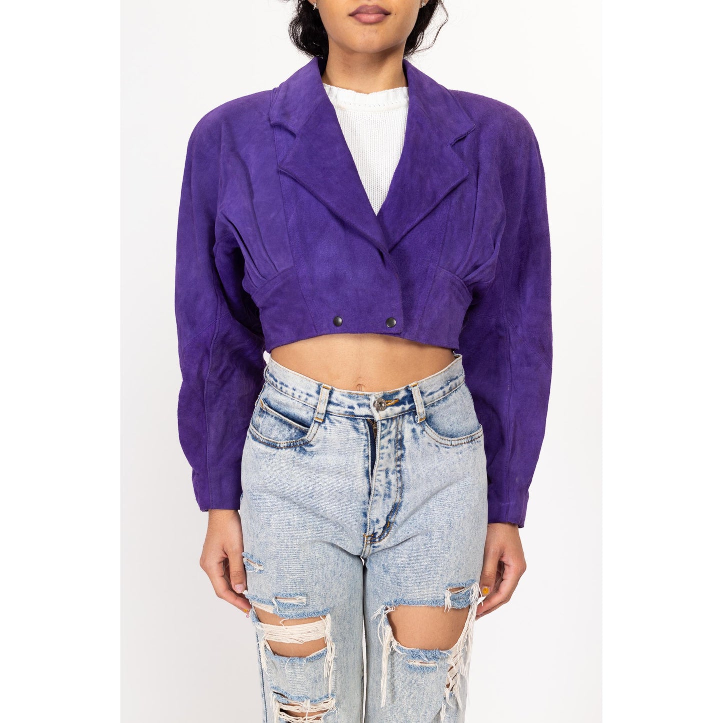 Small 80s Purple Suede Crop Moto Jacket | Vintage Maximalist Leather Motorcycle Biker Coat