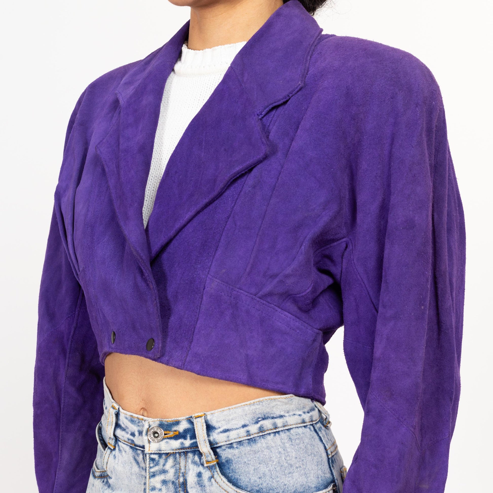 Small 80s Purple Suede Crop Moto Jacket | Vintage Maximalist Leather Motorcycle Biker Coat