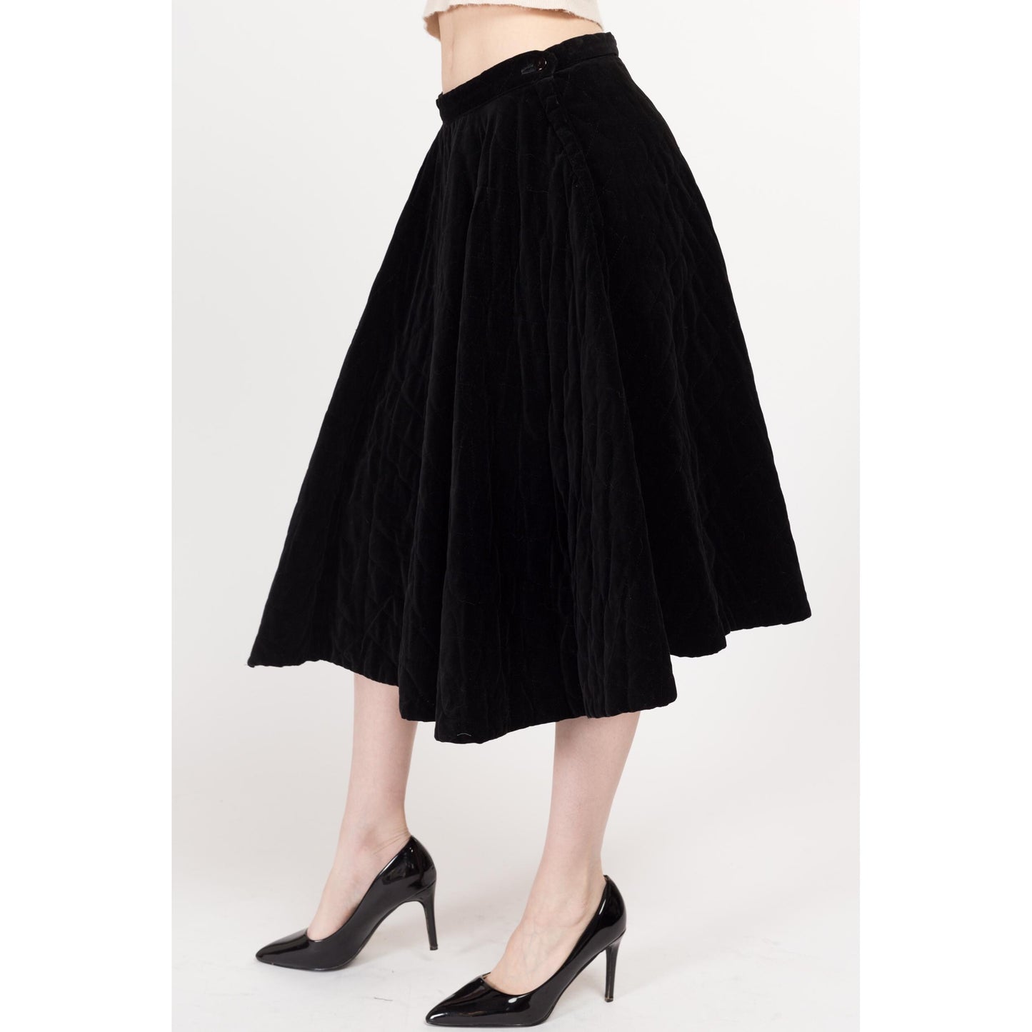 Medium 1950s Quilted Black Velvet Half Circle Skirt 28" | Vintage 50s High Waisted Midi Swing Skirt