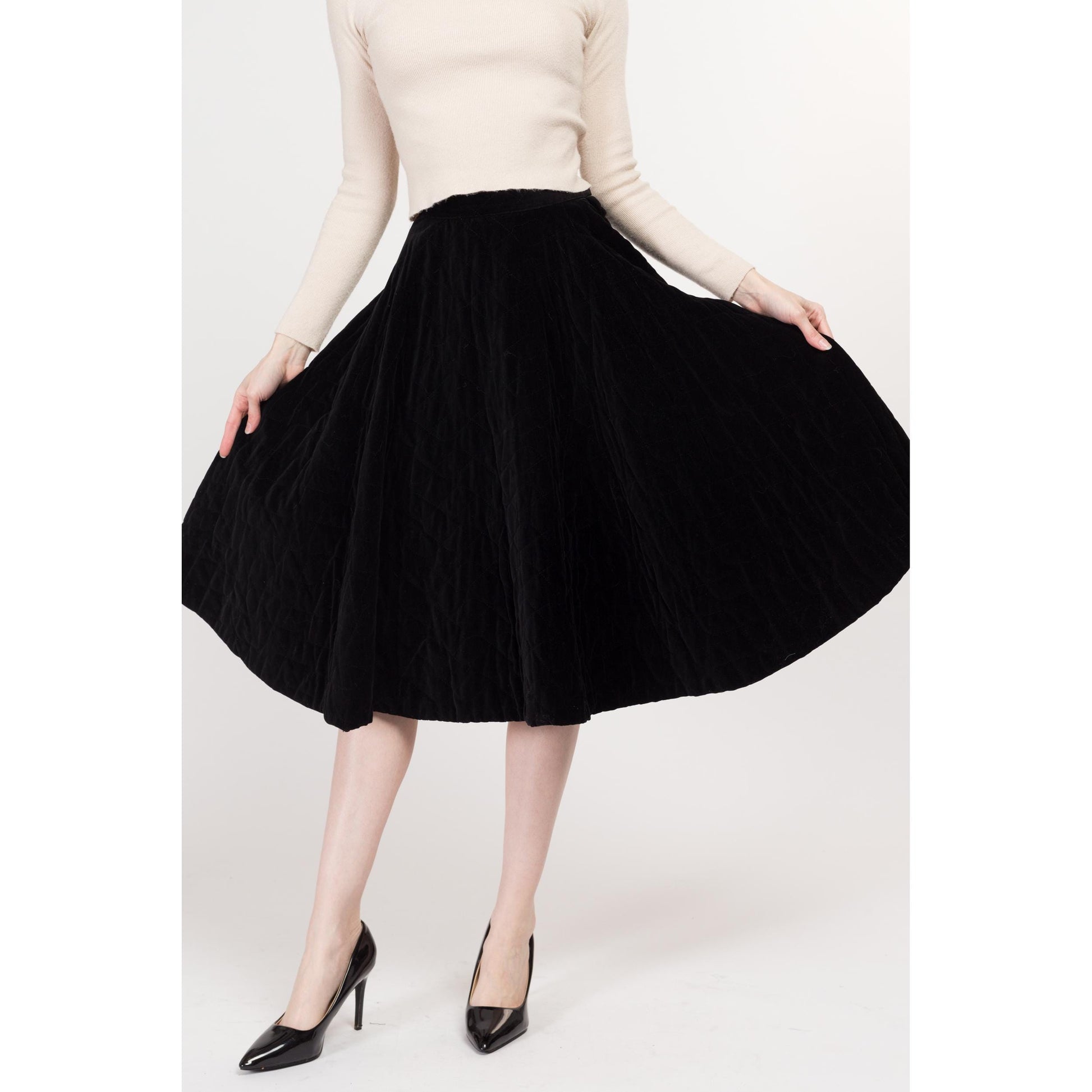 Medium 1950s Quilted Black Velvet Half Circle Skirt 28" | Vintage 50s High Waisted Midi Swing Skirt