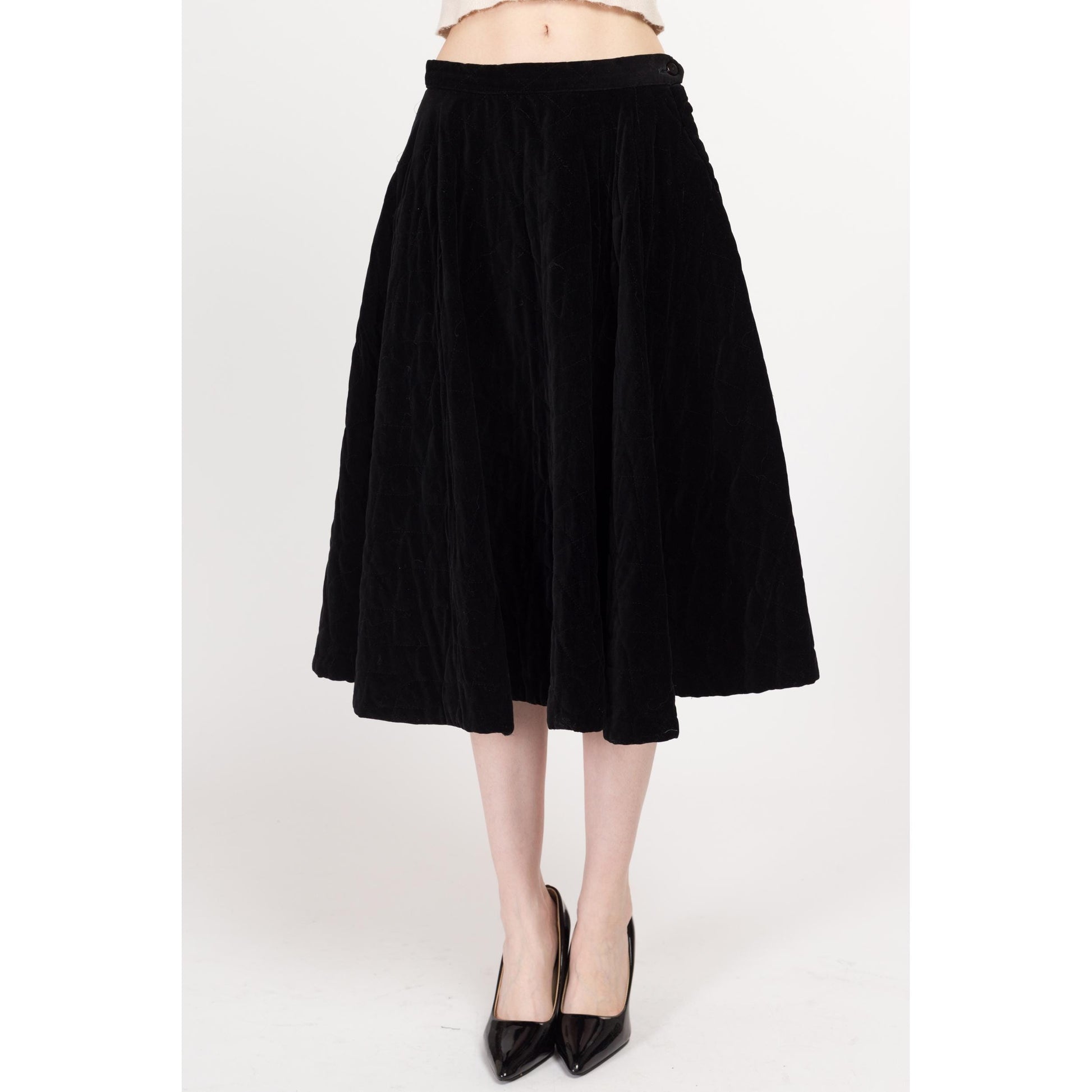 Medium 1950s Quilted Black Velvet Half Circle Skirt 28" | Vintage 50s High Waisted Midi Swing Skirt