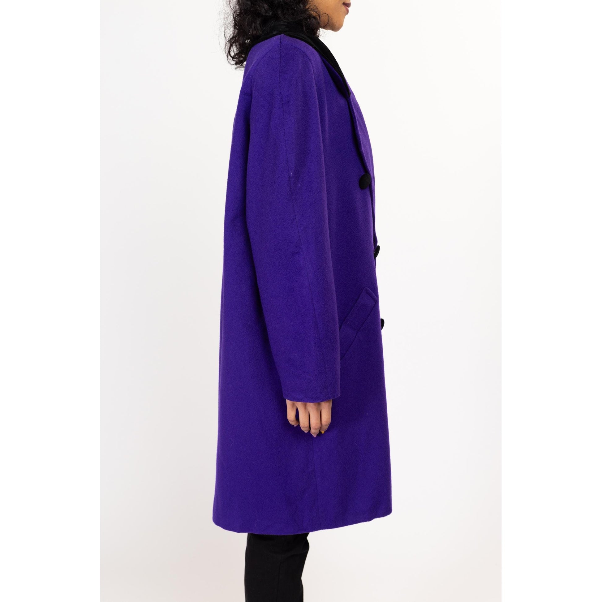 Medium 80s The Limited Royal Purple Oversized Wool Peacoat | Vintage Velvet Trim Double Breasted Long Coat