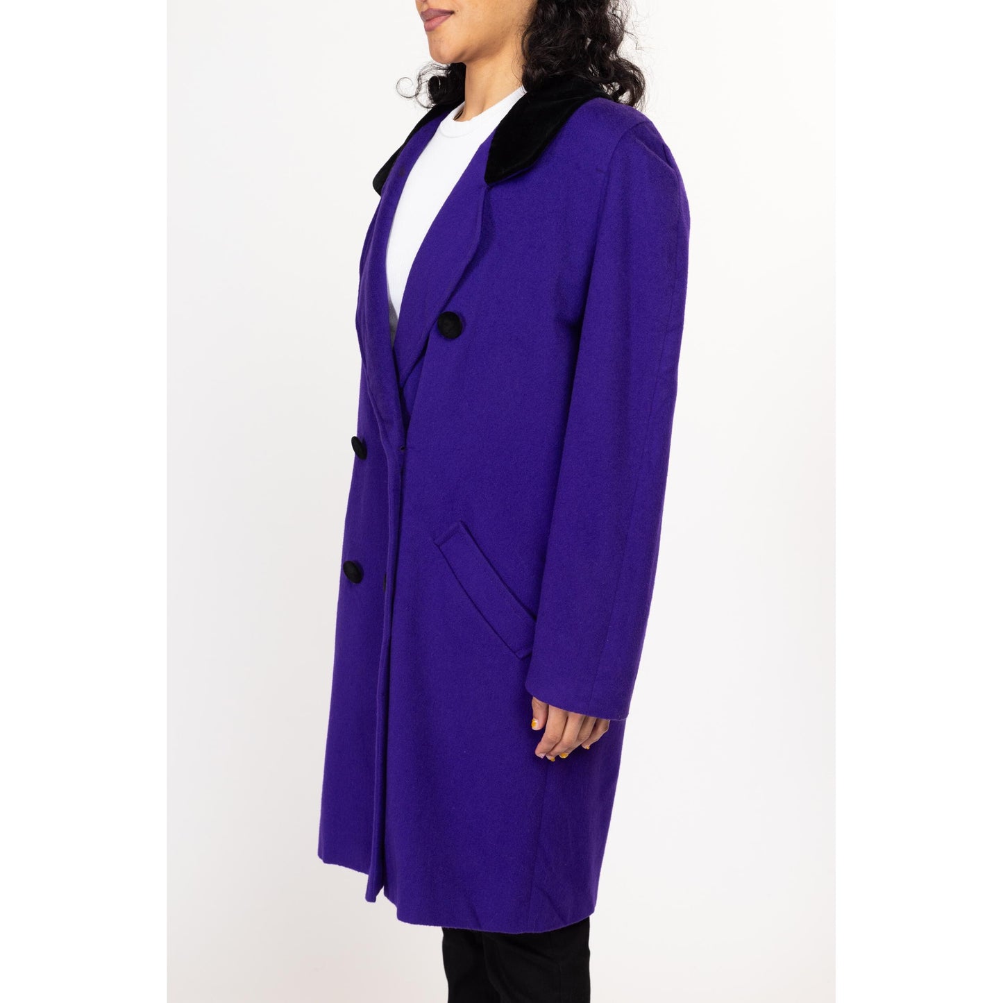 Medium 80s The Limited Royal Purple Oversized Wool Peacoat | Vintage Velvet Trim Double Breasted Long Coat