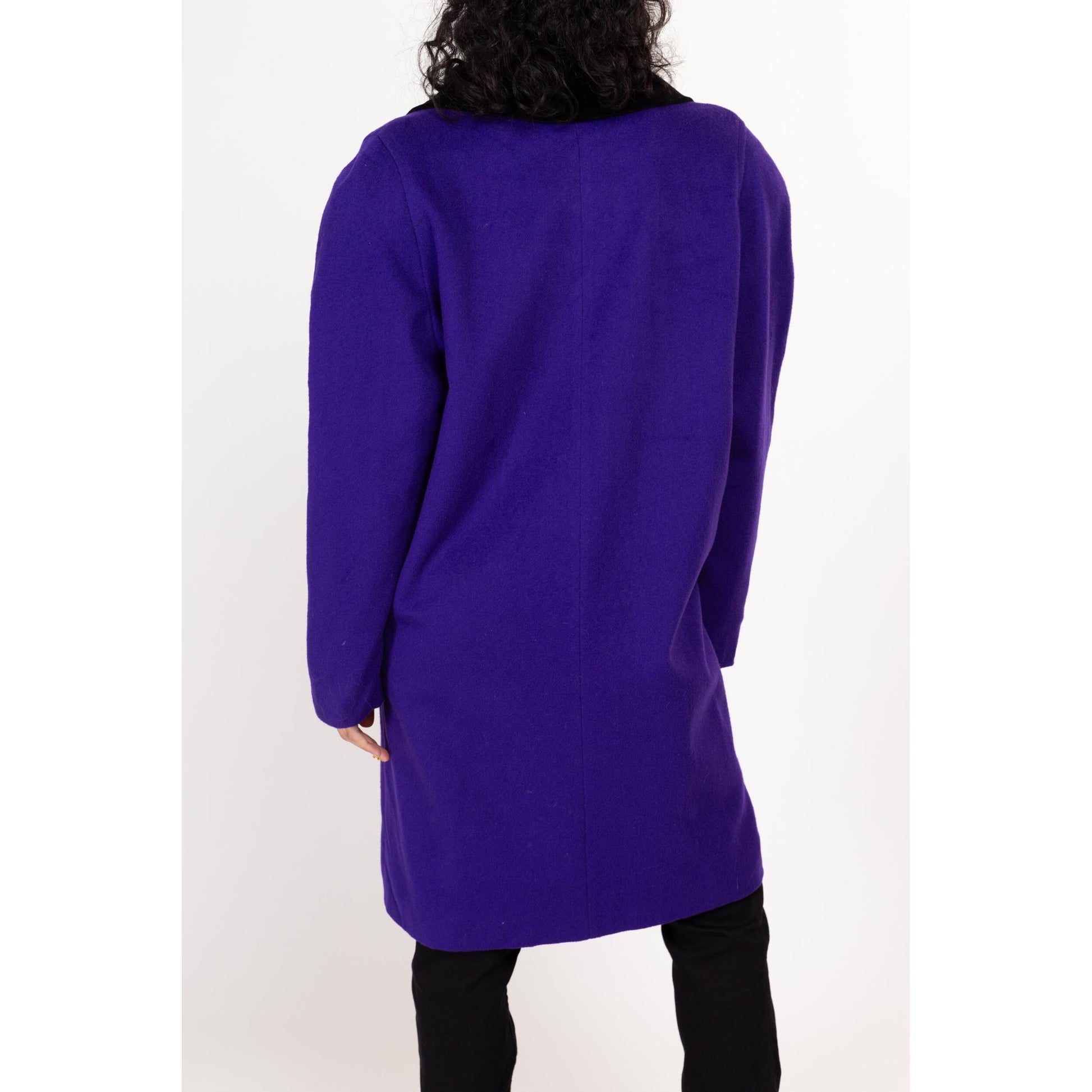 Medium 80s The Limited Royal Purple Oversized Wool Peacoat | Vintage Velvet Trim Double Breasted Long Coat