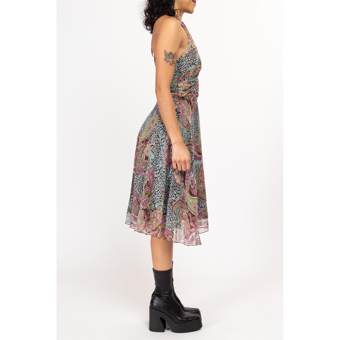 Sm-Med Y2K Boho Silk Paisley Print Halter Midi Dress | Vintage Sleeveless V Neck Flowy Party Dress