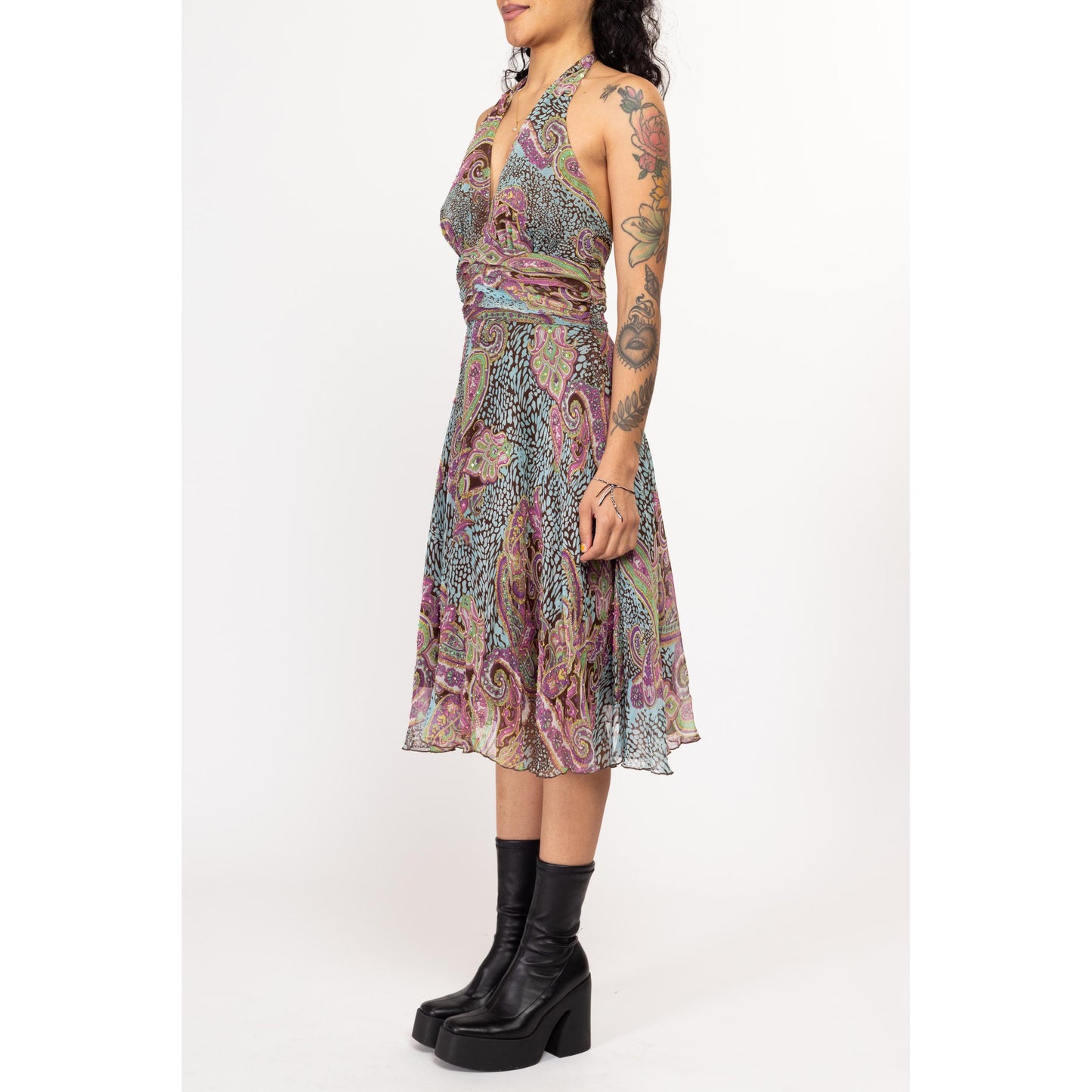 Sm-Med Y2K Boho Silk Paisley Print Halter Midi Dress | Vintage Sleeveless V Neck Flowy Party Dress