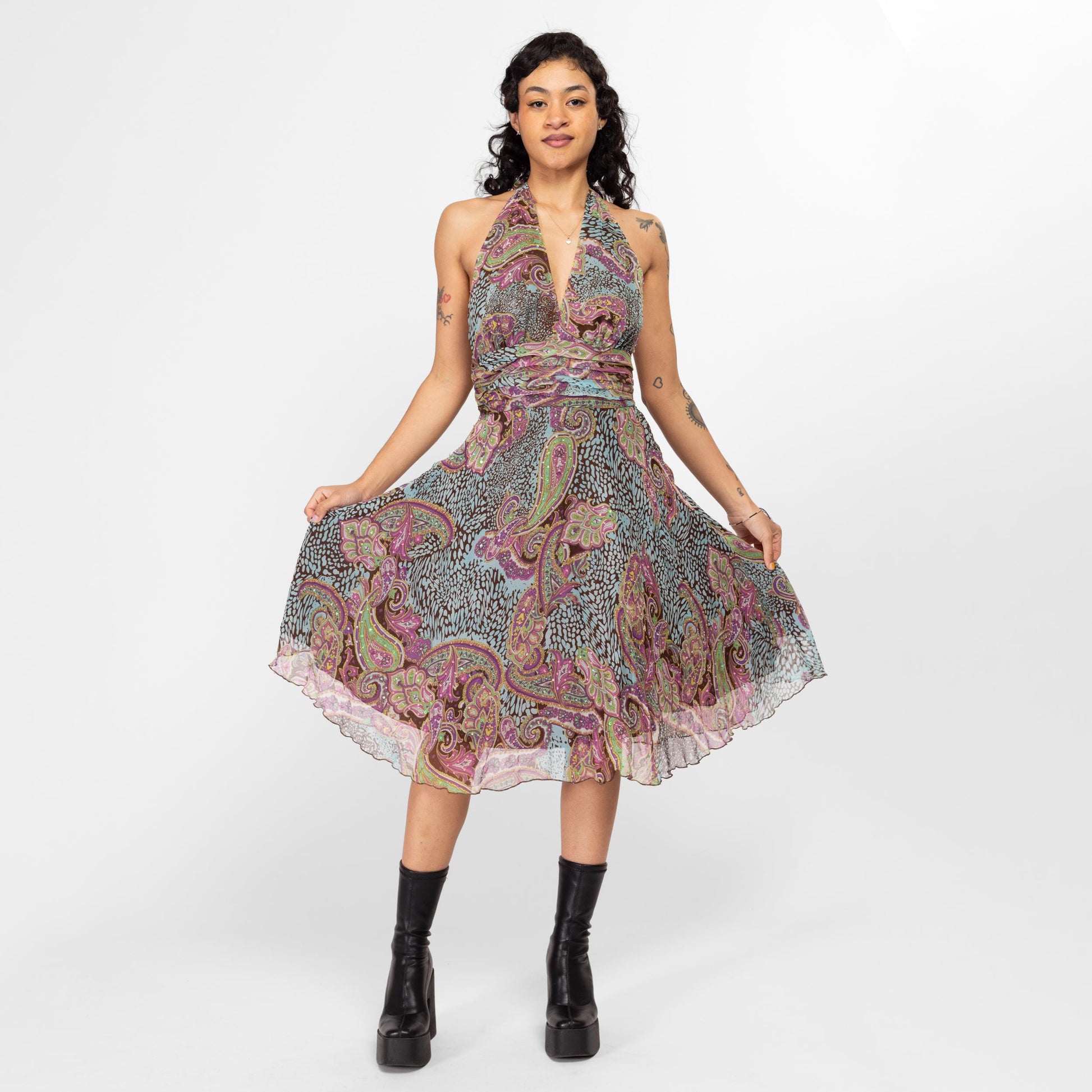 Sm-Med Y2K Boho Silk Paisley Print Halter Midi Dress | Vintage Sleeveless V Neck Flowy Party Dress