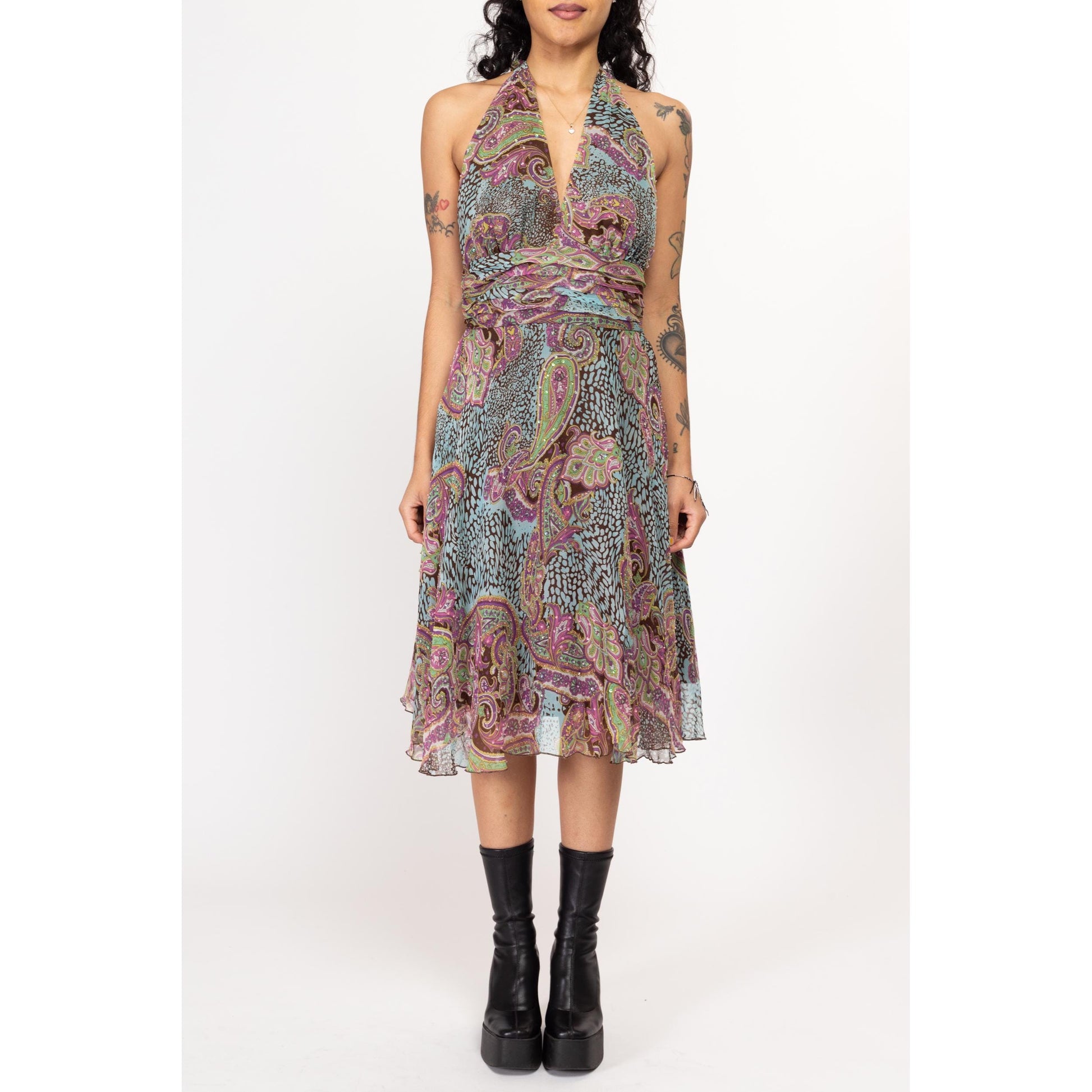 Sm-Med Y2K Boho Silk Paisley Print Halter Midi Dress | Vintage Sleeveless V Neck Flowy Party Dress