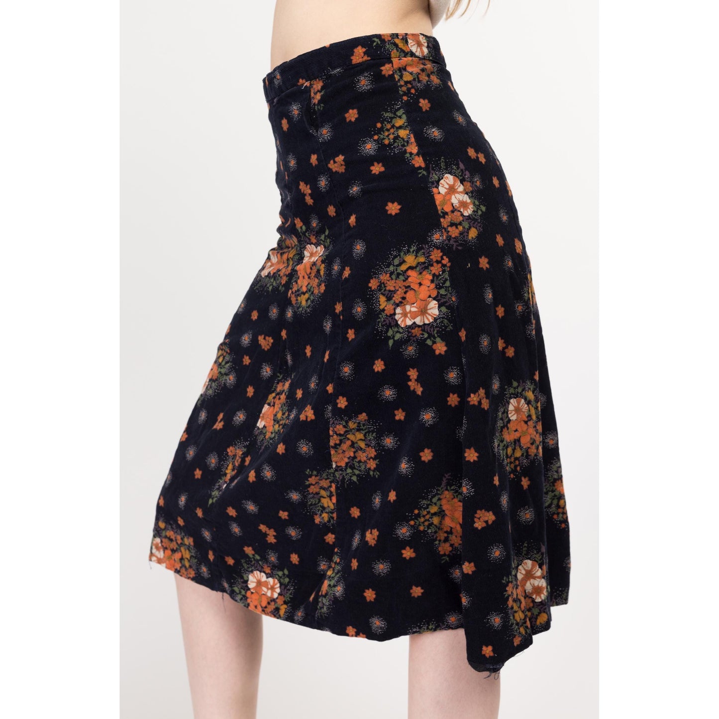 Small 70s Midnight Blue & Orange Floral Corduroy A Line Skirt 26" | Vintage Boho High Waisted Midi Skirt