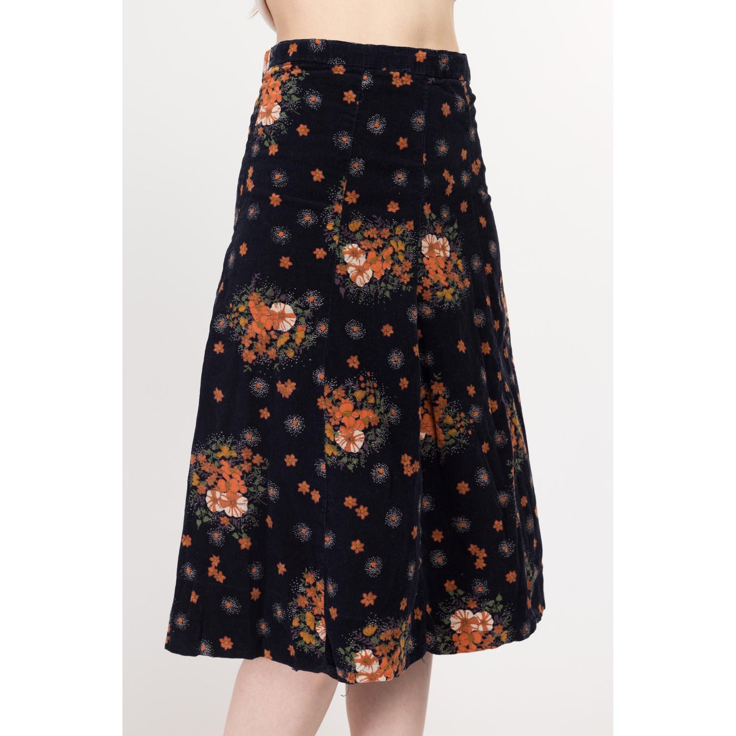 Small 70s Midnight Blue & Orange Floral Corduroy A Line Skirt 26" | Vintage Boho High Waisted Midi Skirt