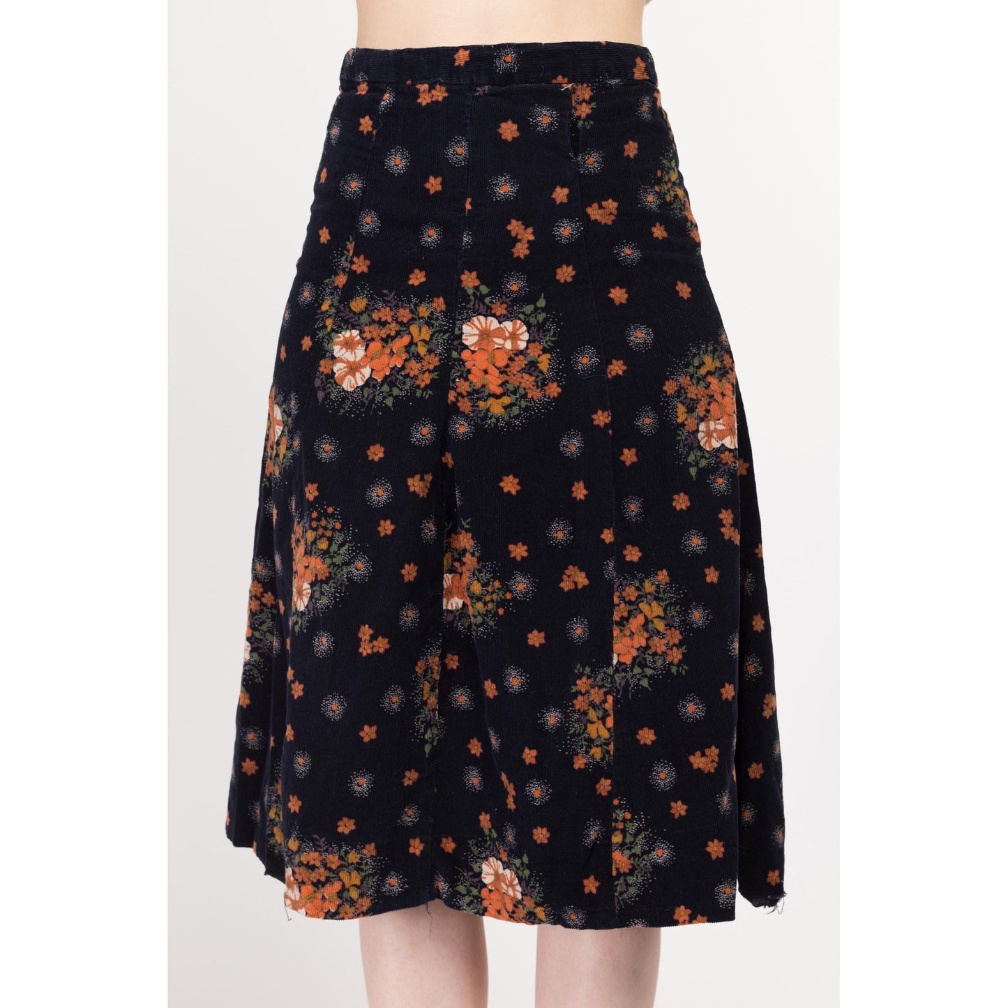 Small 70s Midnight Blue & Orange Floral Corduroy A Line Skirt 26" | Vintage Boho High Waisted Midi Skirt