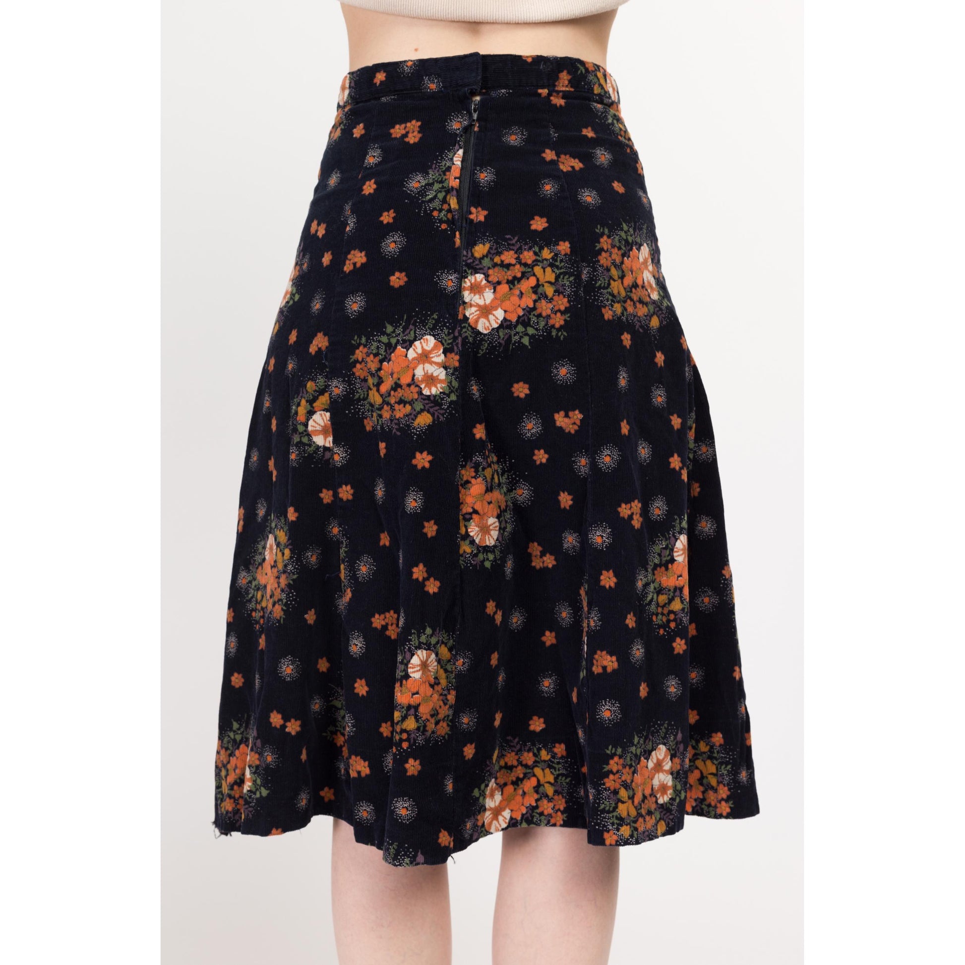 Small 70s Midnight Blue & Orange Floral Corduroy A Line Skirt 26" | Vintage Boho High Waisted Midi Skirt