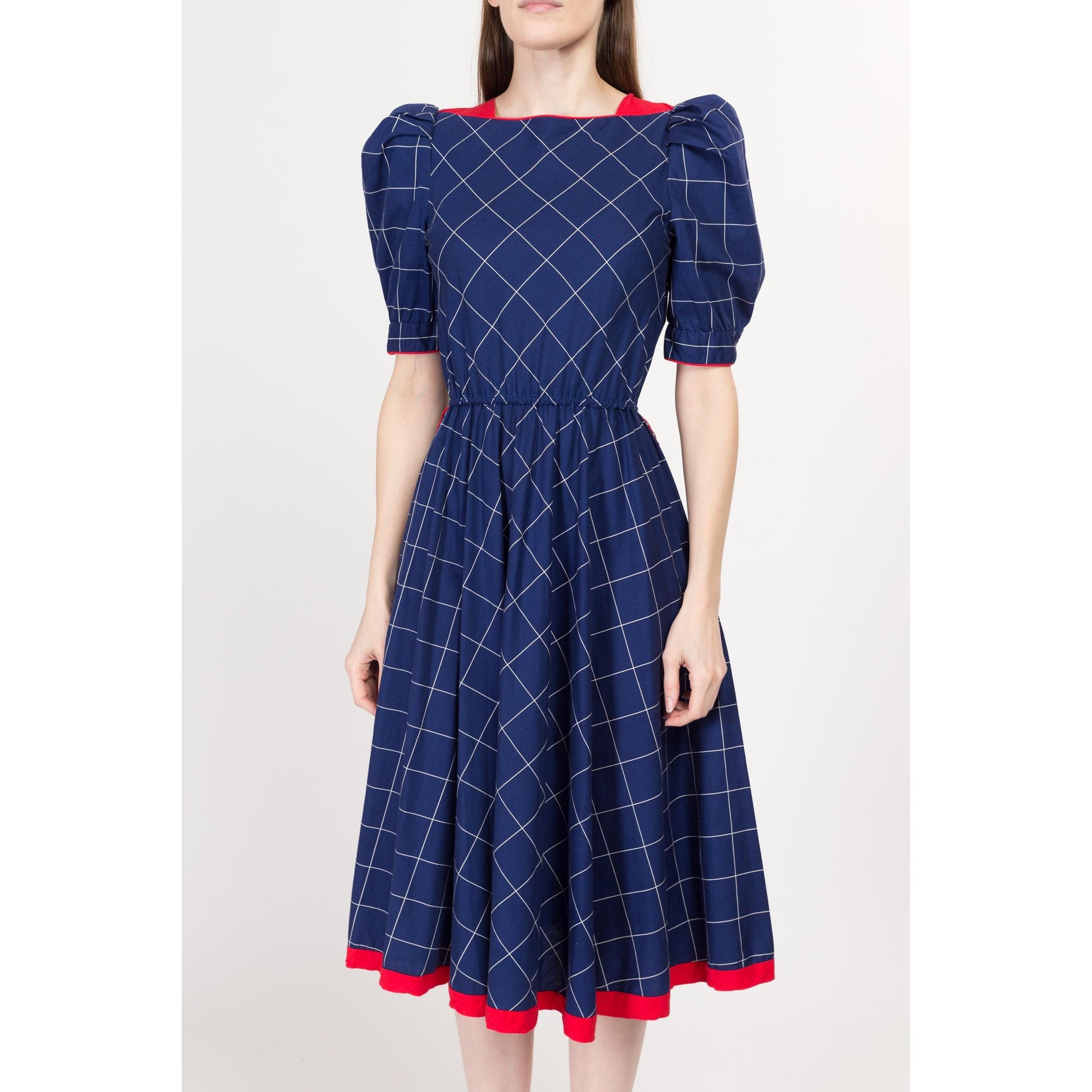 Small 70s Does 40s Blue Grid Print Midi Dress | Retro Vintage Boat Neck Puff Sleeve Fit & Flare Dress