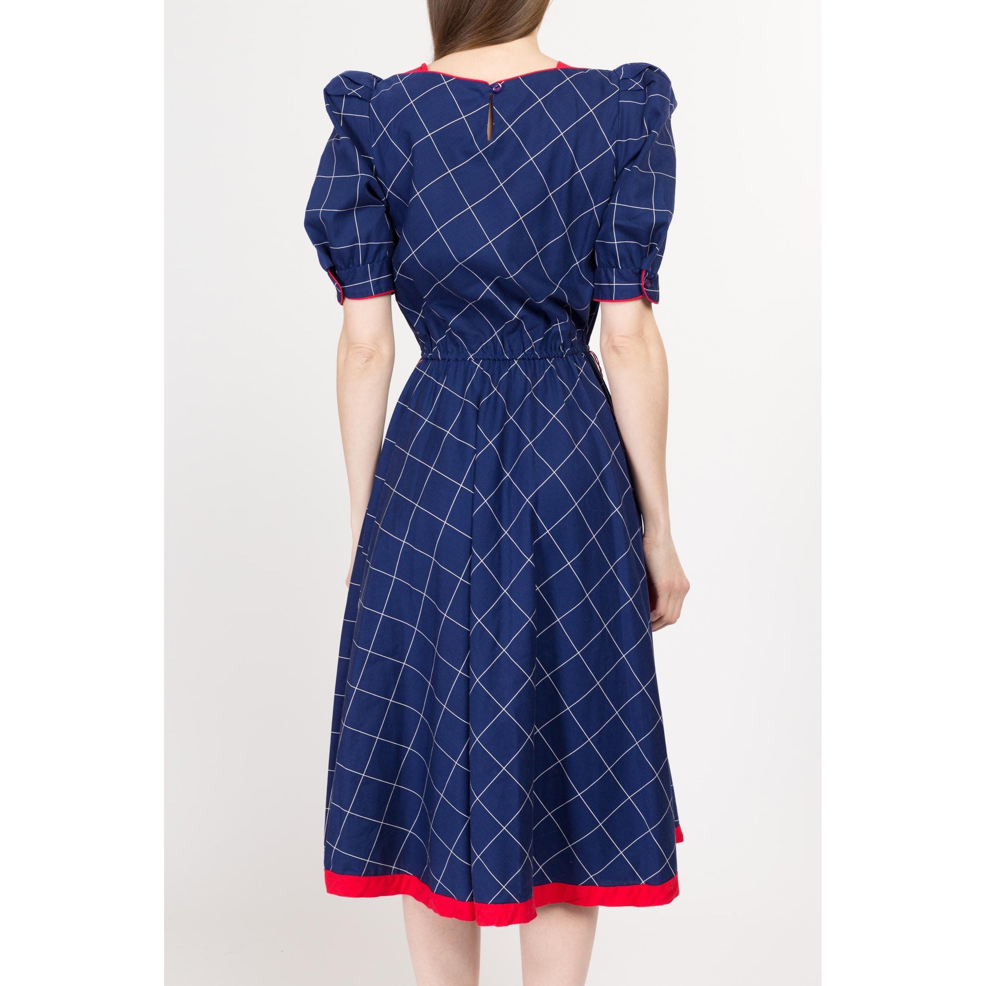 Small 70s Does 40s Blue Grid Print Midi Dress | Retro Vintage Boat Neck Puff Sleeve Fit & Flare Dress