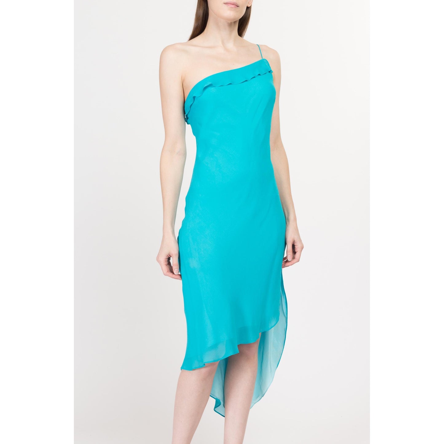 Medium 90s Y2K Aqua Blue Silk One Shoulder Party Dress | Vintage Express High Low Hem Midi Dress