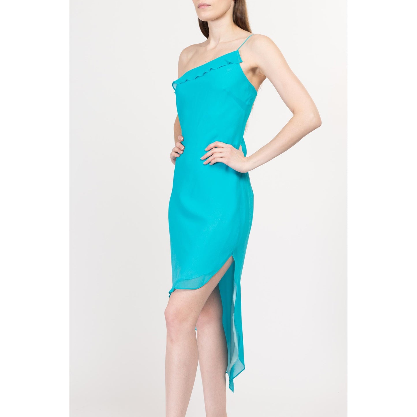 Medium 90s Y2K Aqua Blue Silk One Shoulder Party Dress | Vintage Express High Low Hem Midi Dress