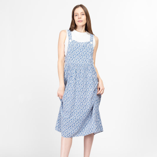 Medium 80s Blue & White Floral Pinafore Dress | Vintage Grunge Sleeveless Midi Overall Apron Dress