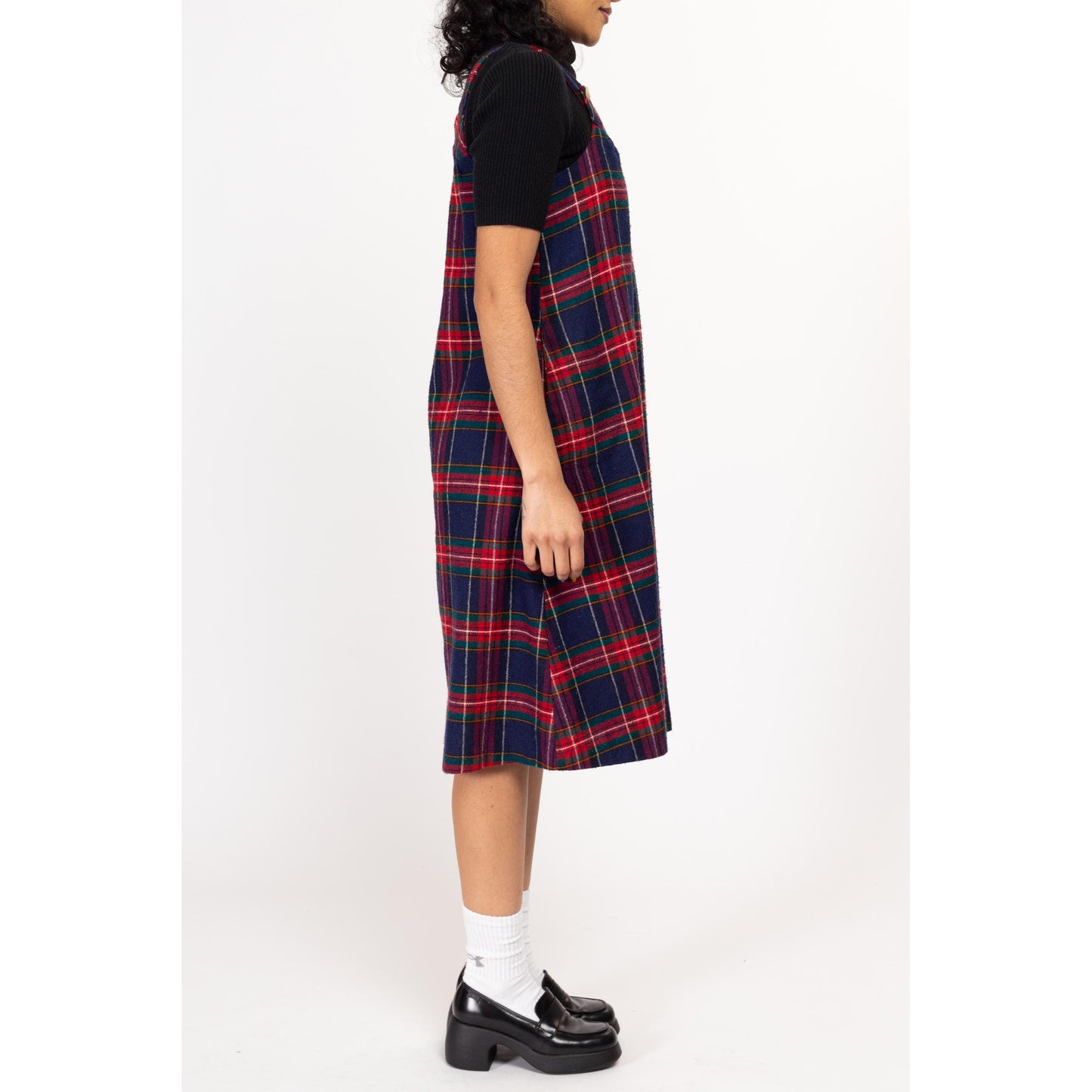 Medium 70s Navy Blue & Red Plaid Pinafore Dress | Retro Vintage Wool Knit Tartan Midi Pocket Dress