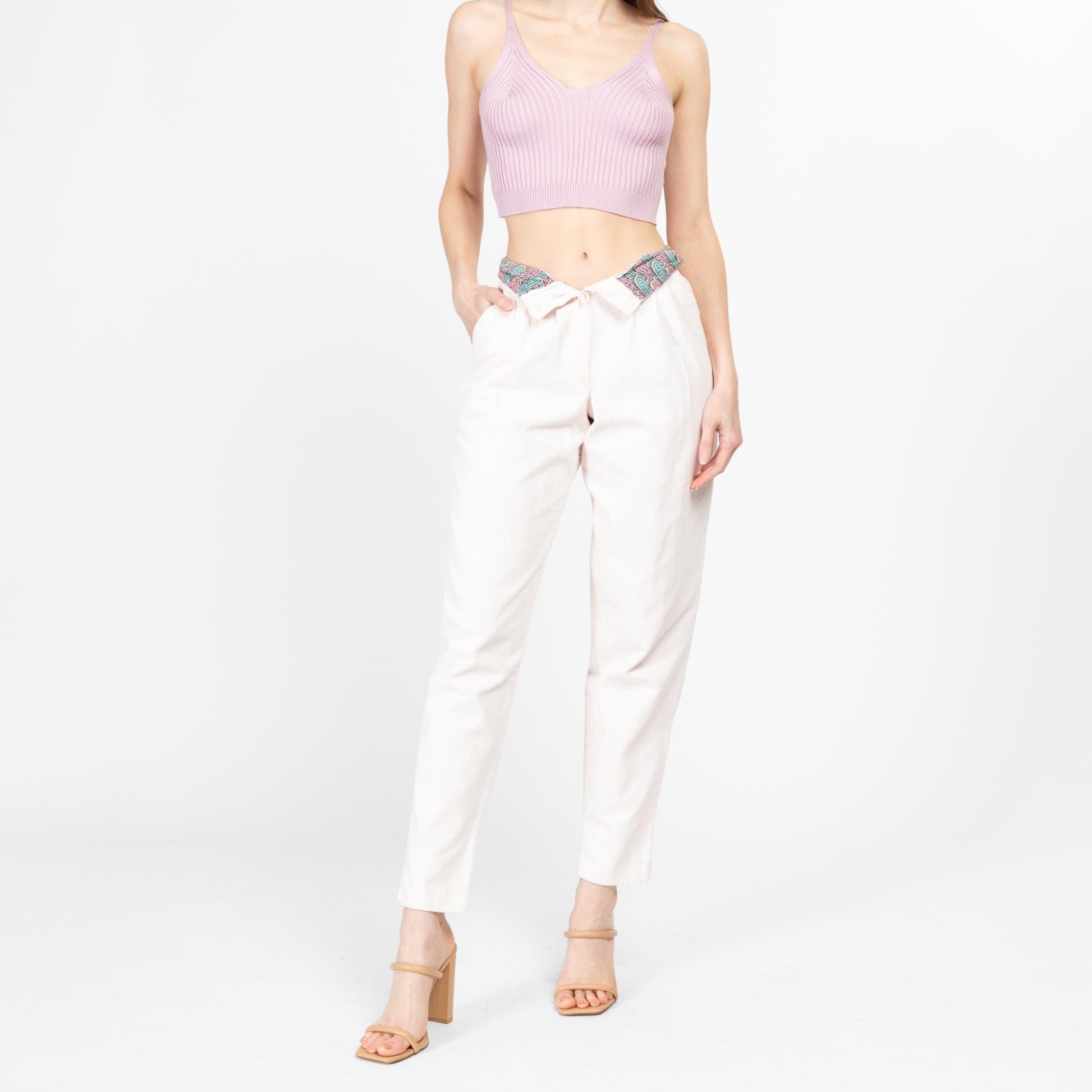 XS 80s White Corduroy High Waisted Pants 24" | Vintage Pleated Tapered Leg Cotton Retro Trousers