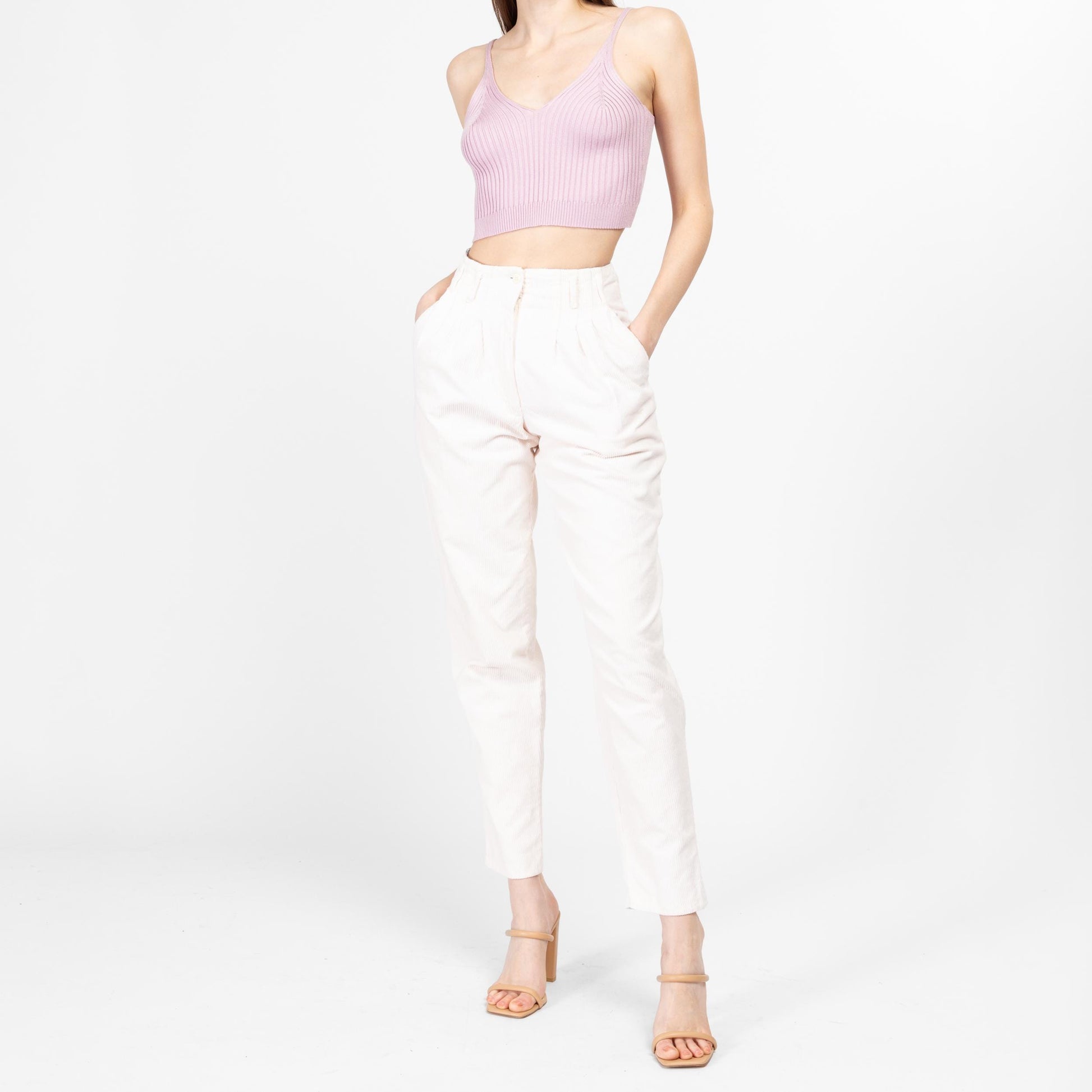 XS 80s White Corduroy High Waisted Pants 24" | Vintage Pleated Tapered Leg Cotton Retro Trousers