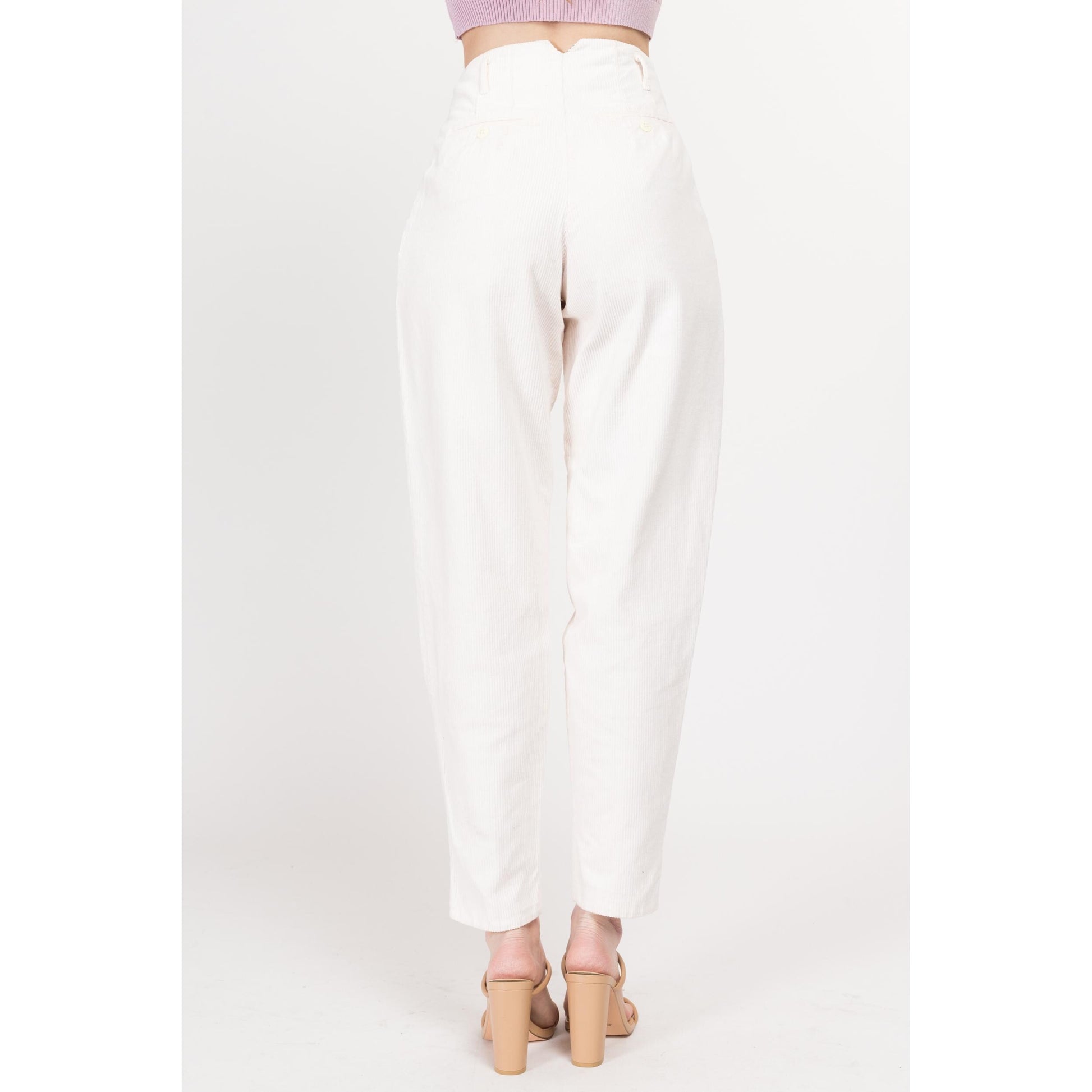 XS 80s White Corduroy High Waisted Pants 24" | Vintage Pleated Tapered Leg Cotton Retro Trousers