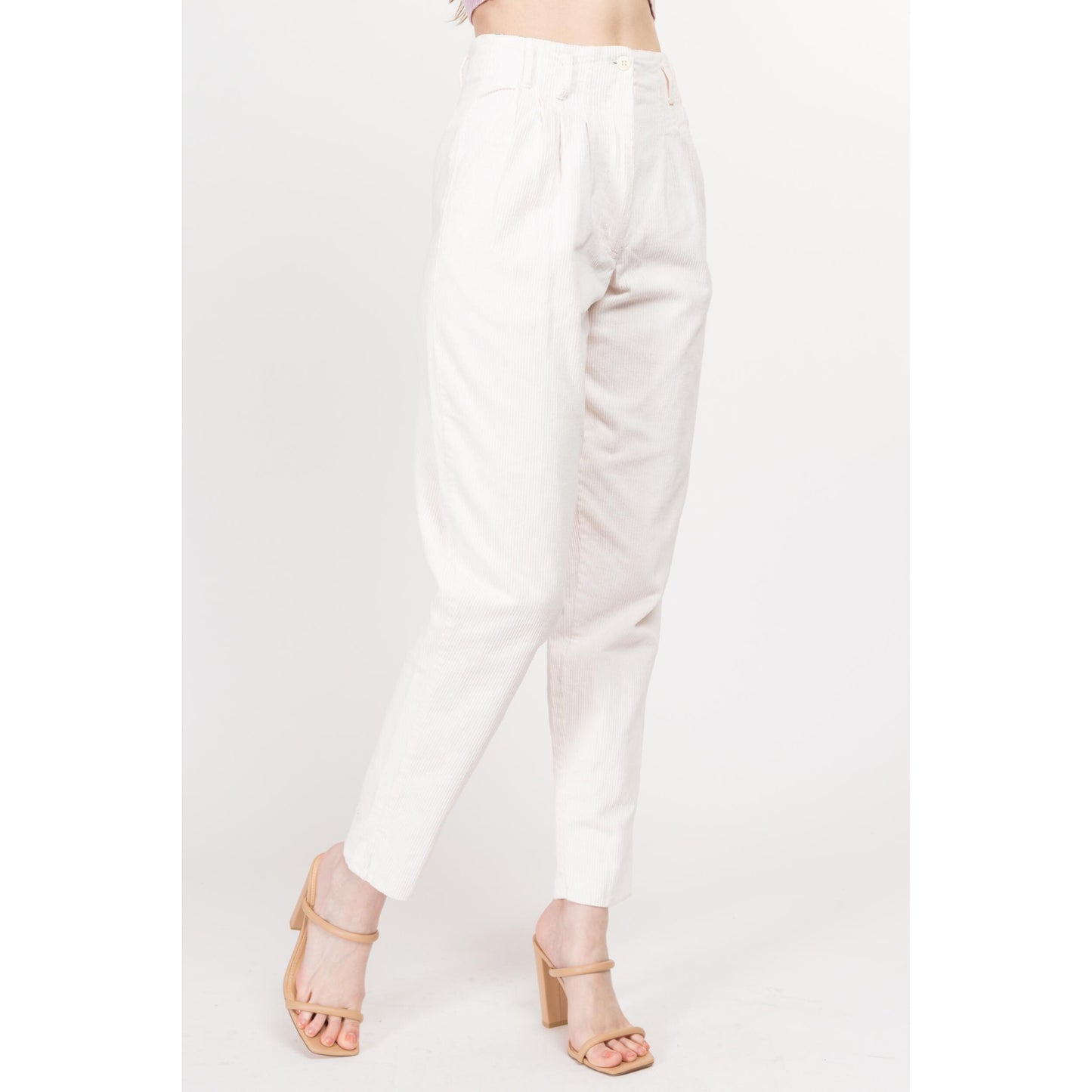 XS 80s White Corduroy High Waisted Pants 24" | Vintage Pleated Tapered Leg Cotton Retro Trousers