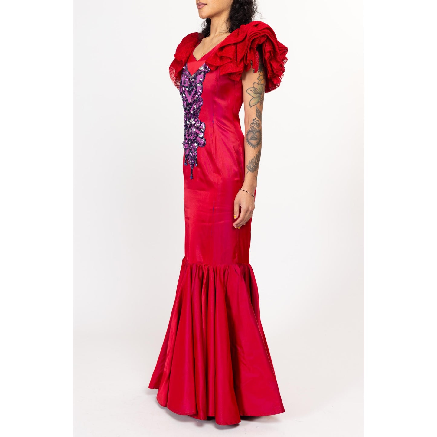 Small 70s Red Ruffle Sleeve Flamenco Dress | Vintage Showgirl Mermaid Hem Formal Maxi Dress