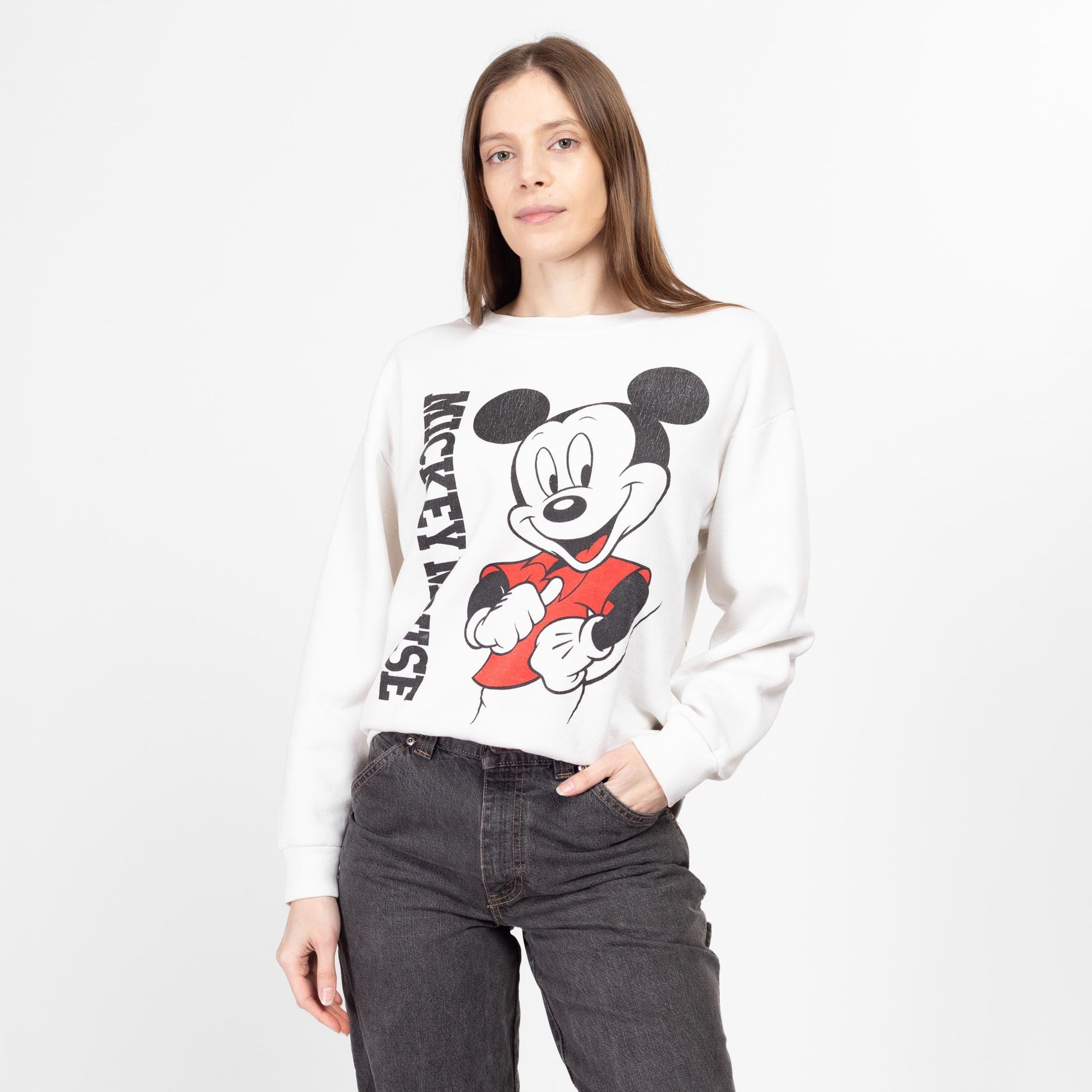 Large 90s Mickey Mouse Front & Back Graphic Sweatshirt | Vintage White Disney Cartoon Crewneck