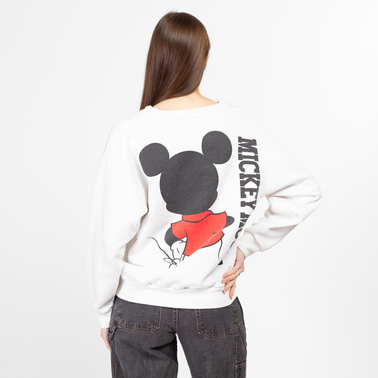 Large 90s Mickey Mouse Front & Back Graphic Sweatshirt | Vintage White Disney Cartoon Crewneck