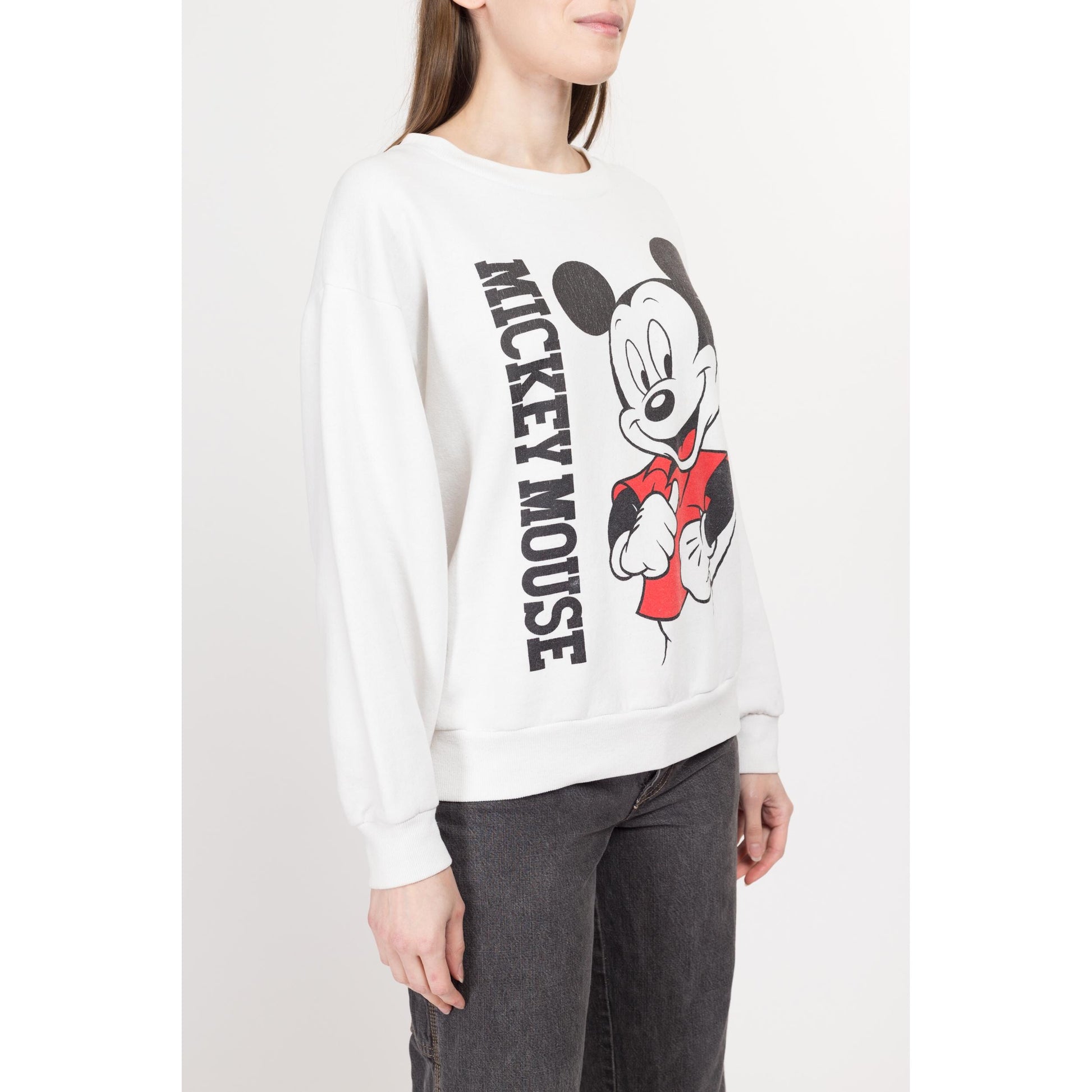 Large 90s Mickey Mouse Front & Back Graphic Sweatshirt | Vintage White Disney Cartoon Crewneck