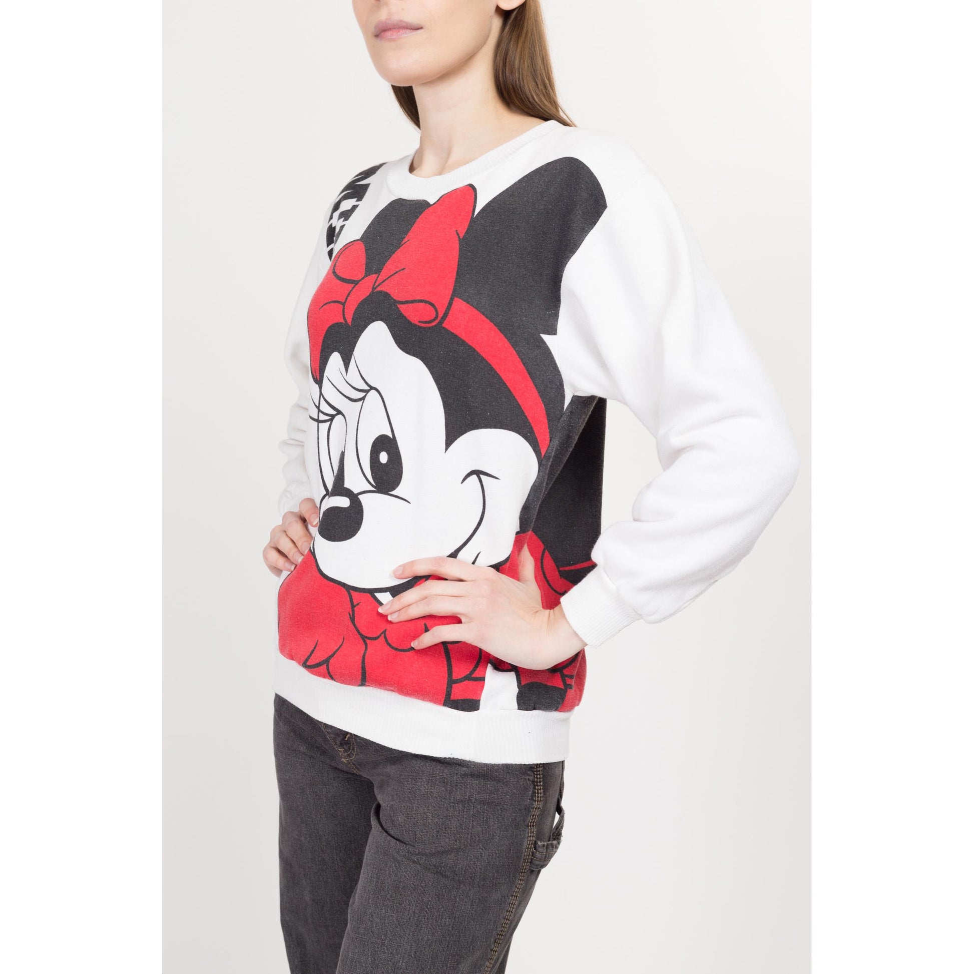 Small 90s Minnie Mouse Front & Back Graphic Sweatshirt | Vintage White Disney Cartoon Crewneck