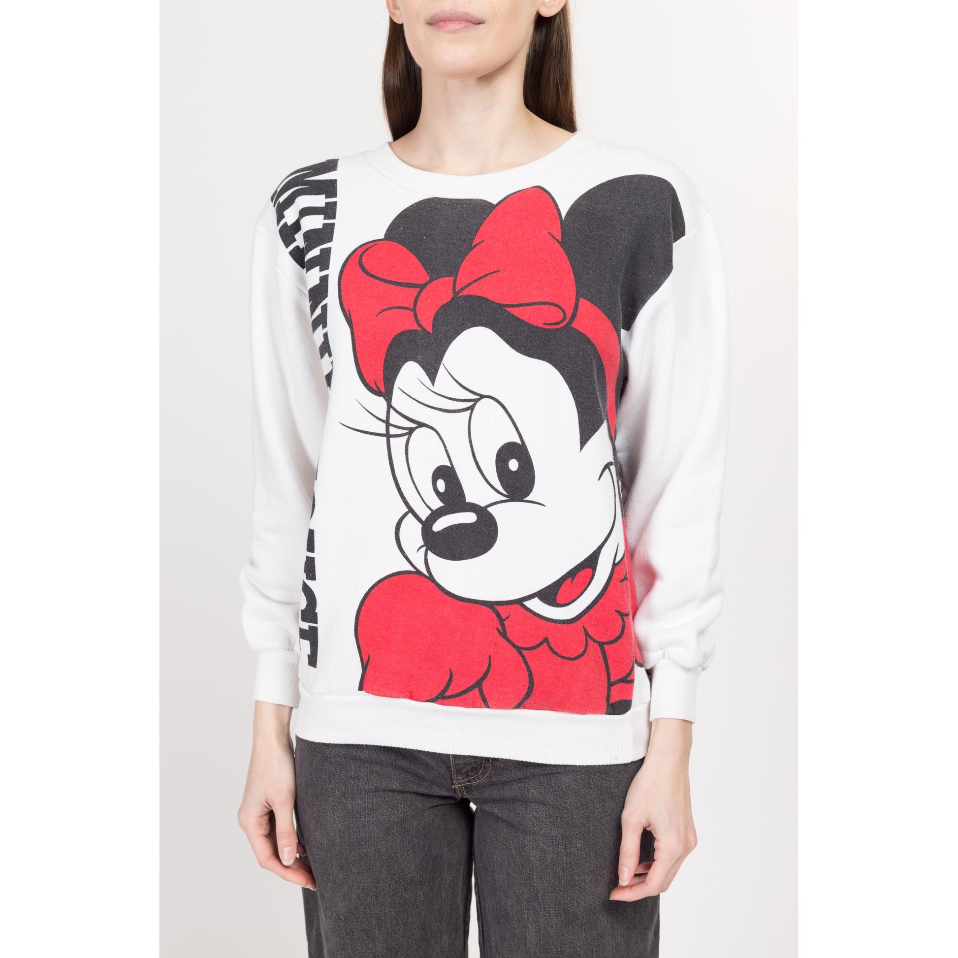 Small 90s Minnie Mouse Front & Back Graphic Sweatshirt | Vintage White Disney Cartoon Crewneck