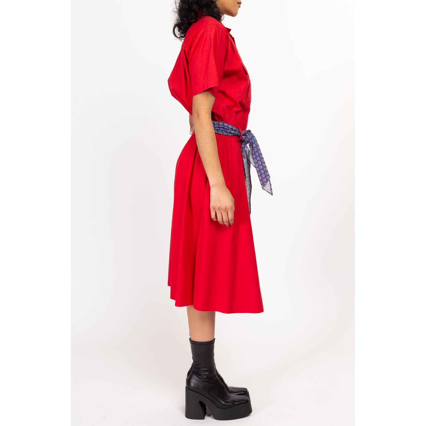 Small 80s Liz Sport Red Cotton Belted Midi Shirtdress | Vintage Button Up Collared Short Sleeve Fit & Flare Dress