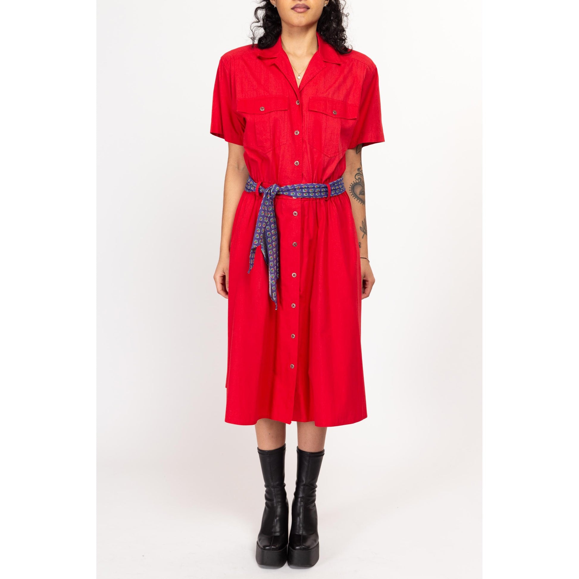 Small 80s Liz Sport Red Cotton Belted Midi Shirtdress | Vintage Button Up Collared Short Sleeve Fit & Flare Dress