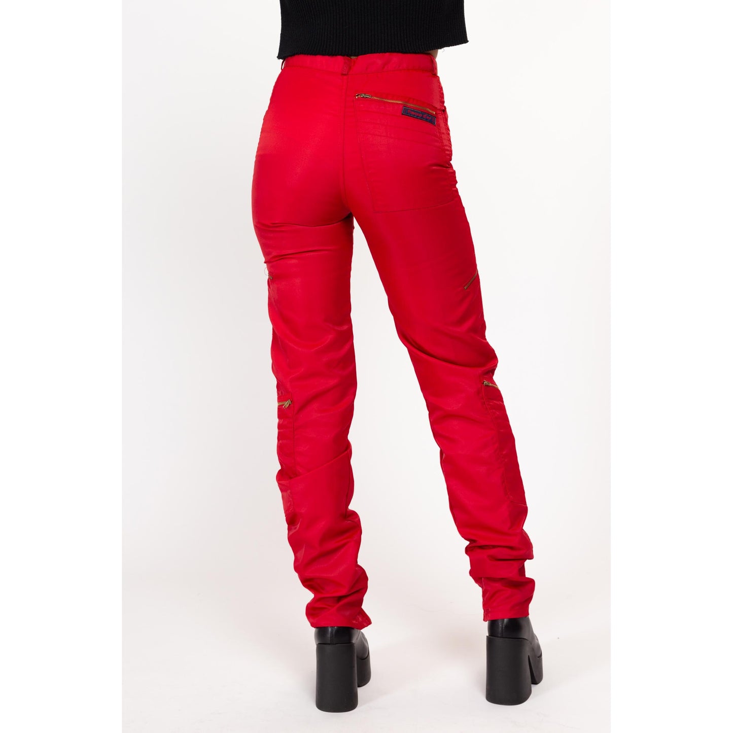 XS-Sm 80s Red High Waisted Parachute Pants 27" | Vintage Panno D'or Tapered Leg Nylon Windbreaker Pants