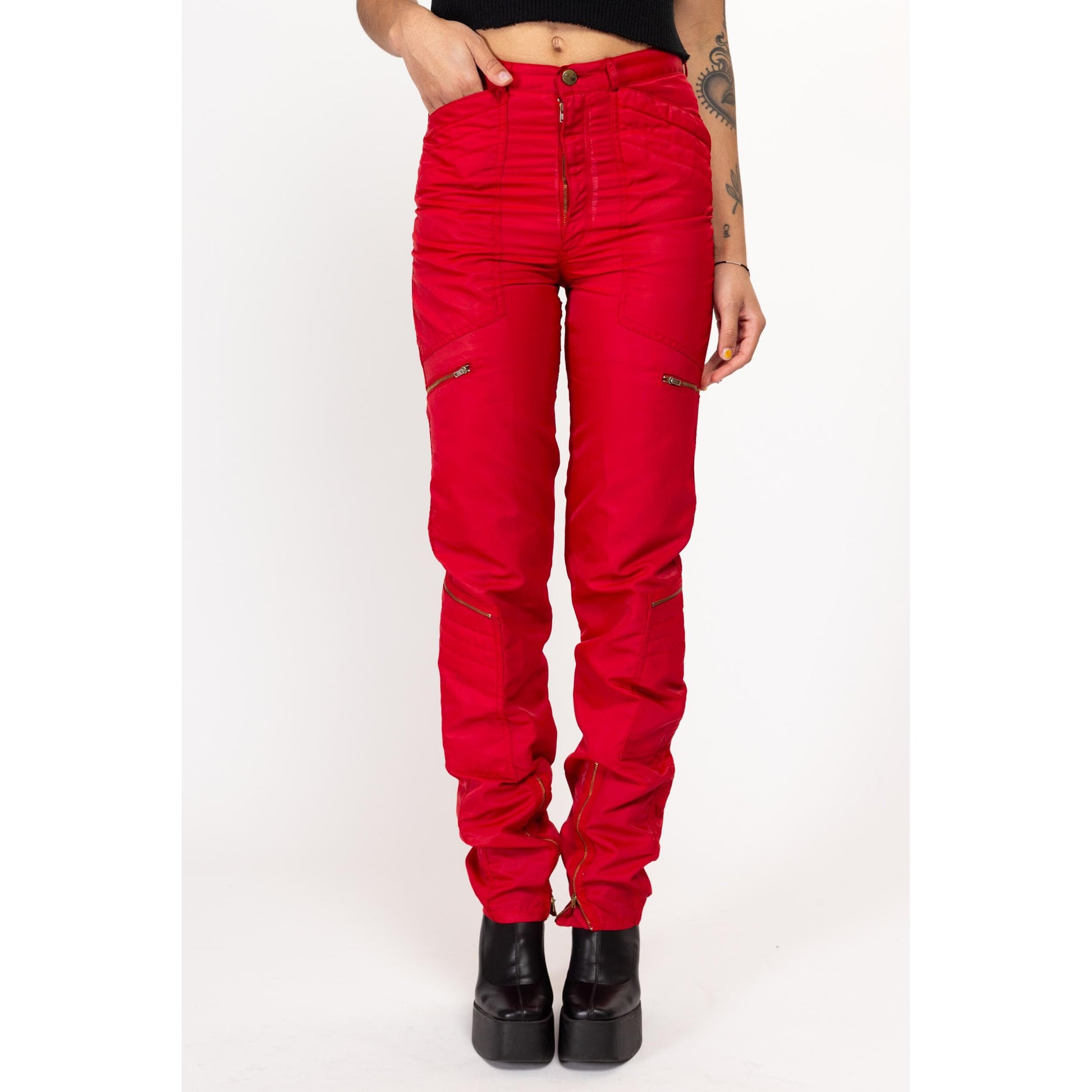 XS-Sm 80s Red High Waisted Parachute Pants 27" | Vintage Panno D'or Tapered Leg Nylon Windbreaker Pants