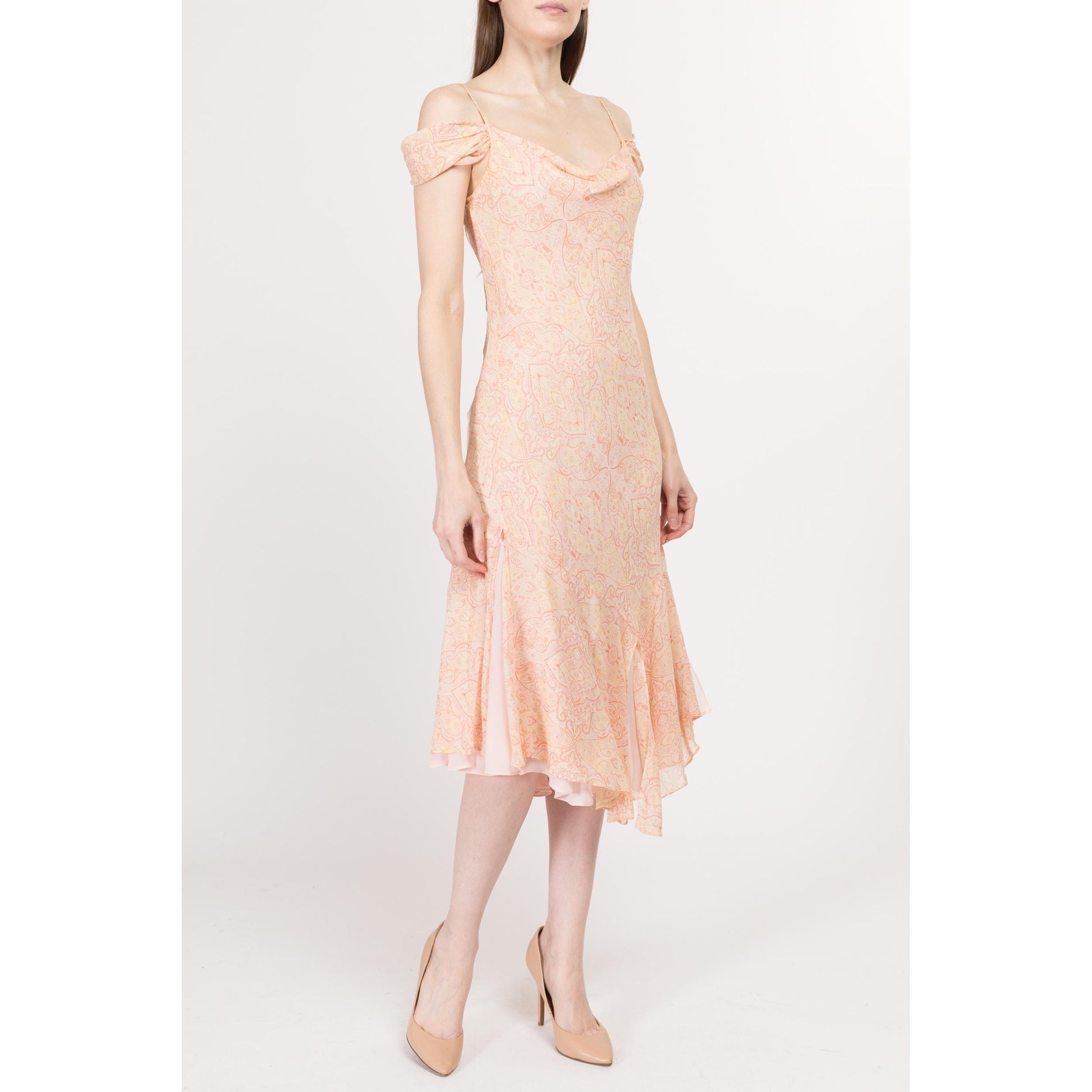 Small 90s Y2K Peach Silk Cowl Neck Midi Dress | Vintage Express Bias Cut Off Shoulder Cocktail Party Dress