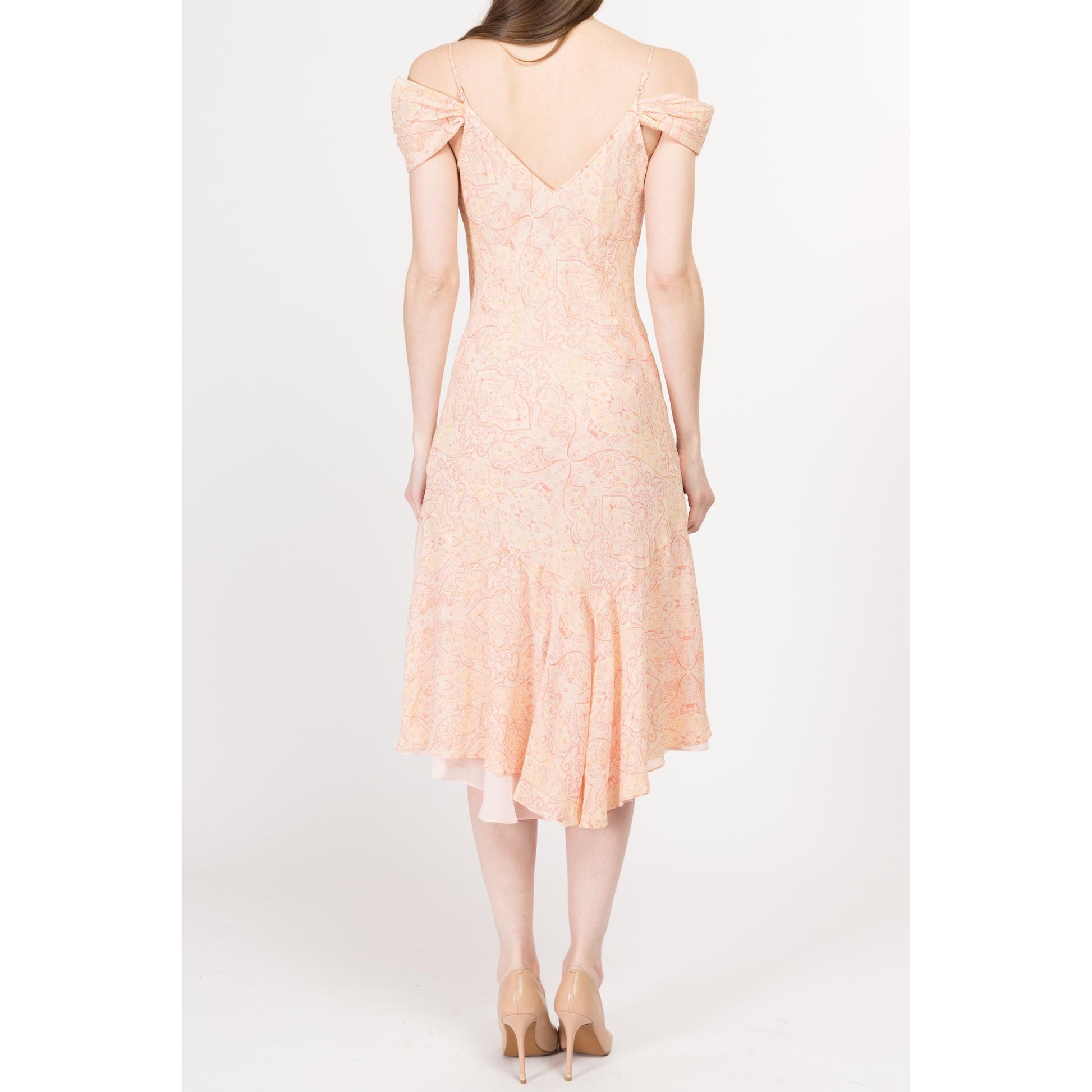 Small 90s Y2K Peach Silk Cowl Neck Midi Dress | Vintage Express Bias Cut Off Shoulder Cocktail Party Dress