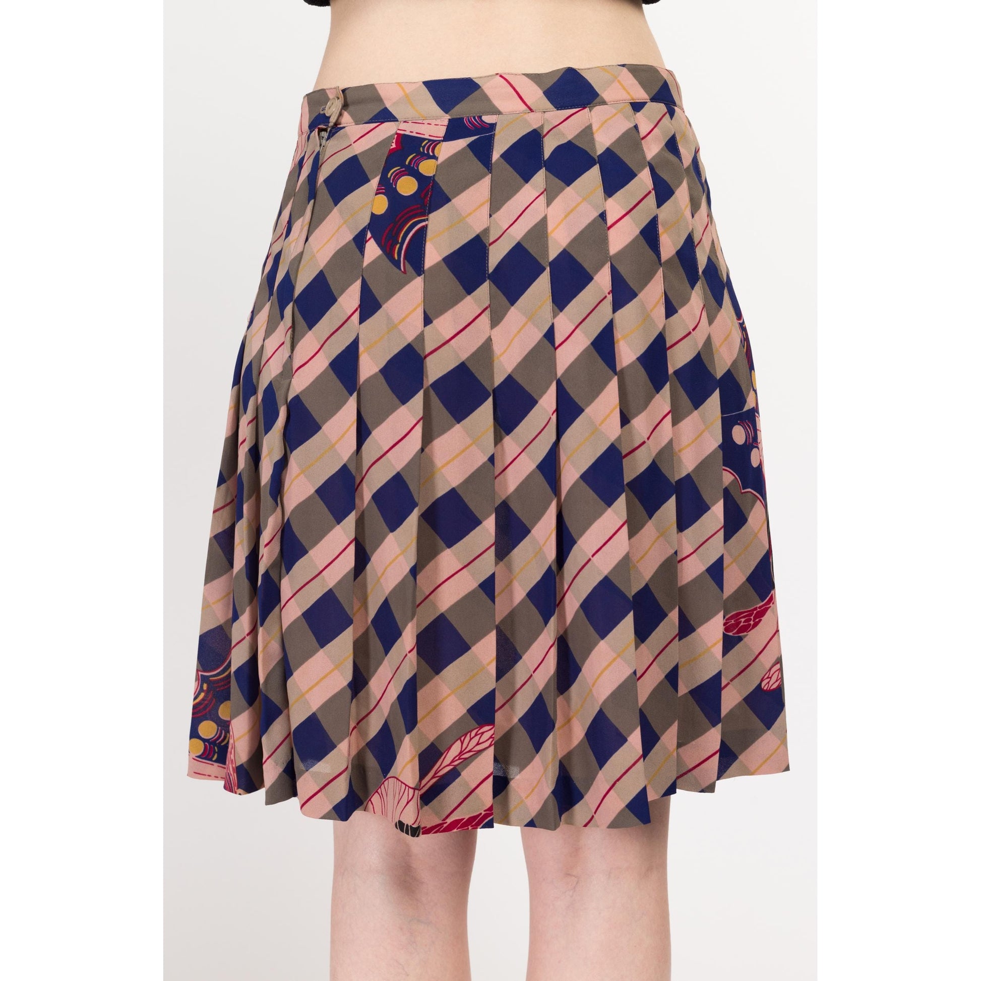 Medium 80s Nicole Miller Butterfly Print Plaid Mini Skirt 29" | Vintage High Waisted Boho Pleated Designer Skirt